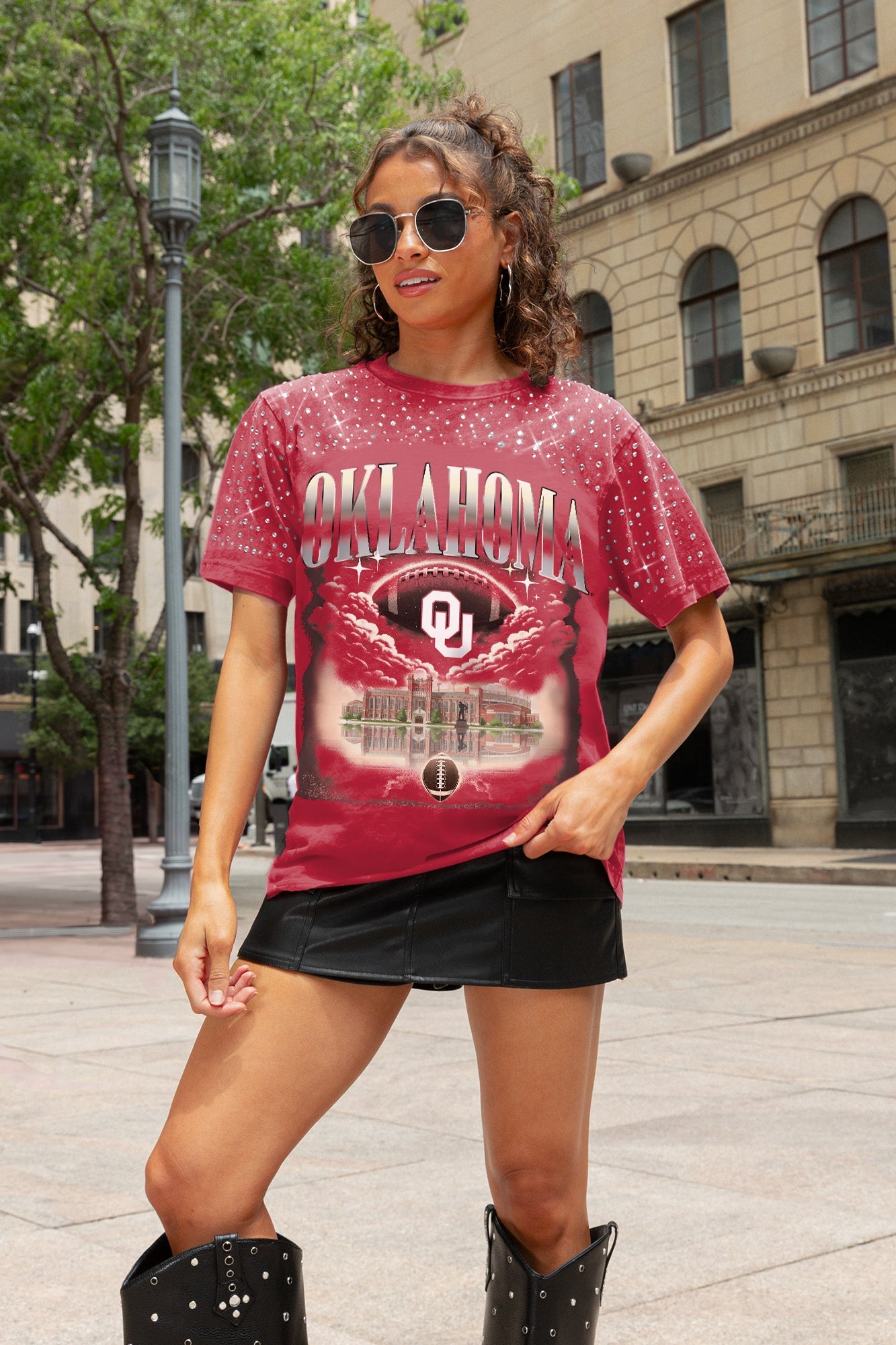 OKLAHOMA SOONERS SKY'S THE LIMIT VINTAGE WASH RHINESTONE TEE