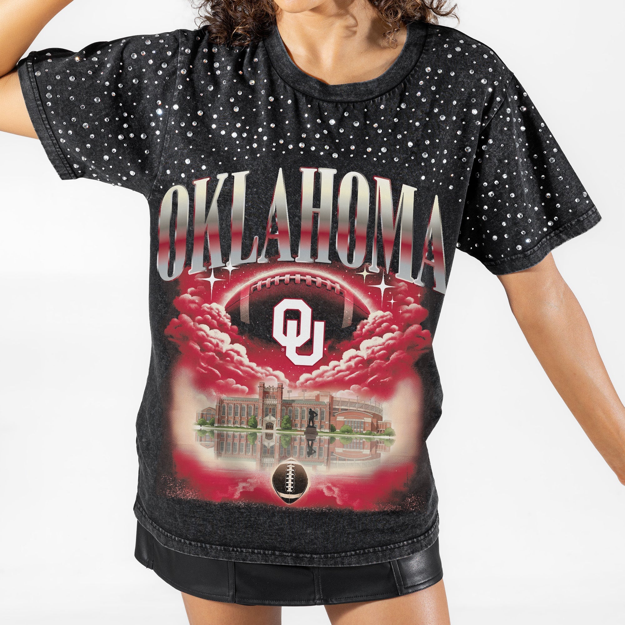 OKLAHOMA SOONERS DREAM BIG VINTAGE WASH RHINESTONE TEE