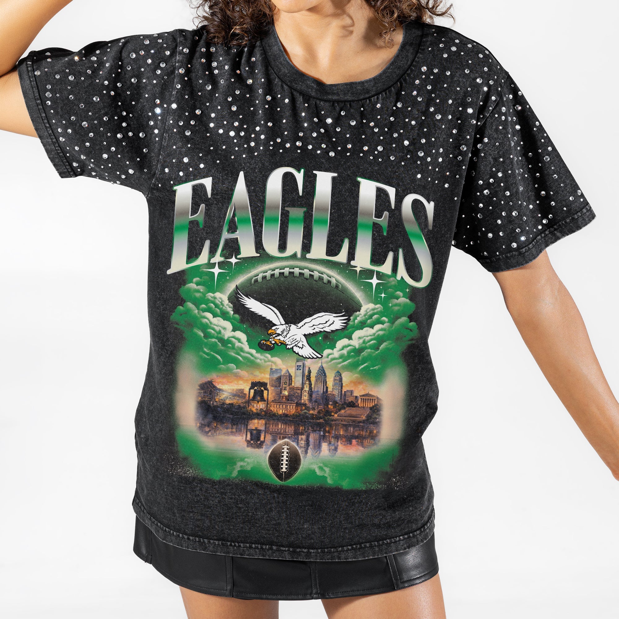 PHILADELPHIA EAGLES SKY'S THE LIMIT VINTAGE WASH RHINESTONE TEE