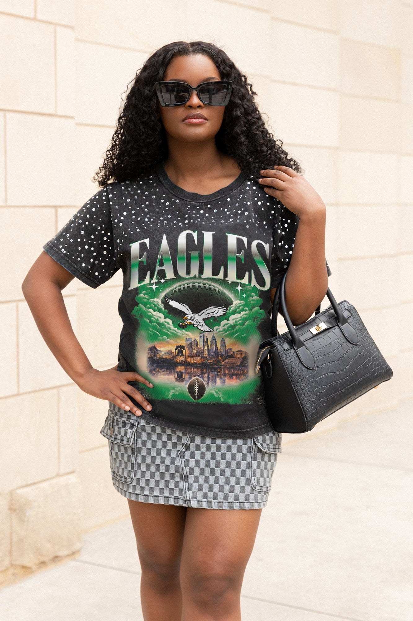 PHILADELPHIA EAGLES SKY'S THE LIMIT VINTAGE WASH RHINESTONE TEE