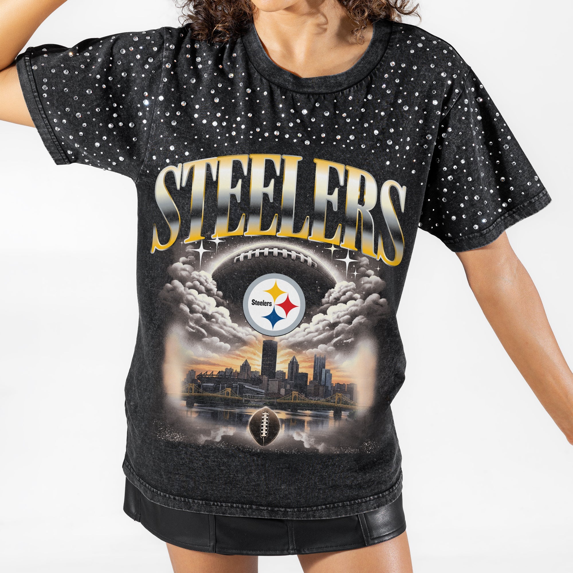 PITTSBURGH STEELERS SKY'S THE LIMIT VINTAGE WASH RHINESTONE TEE