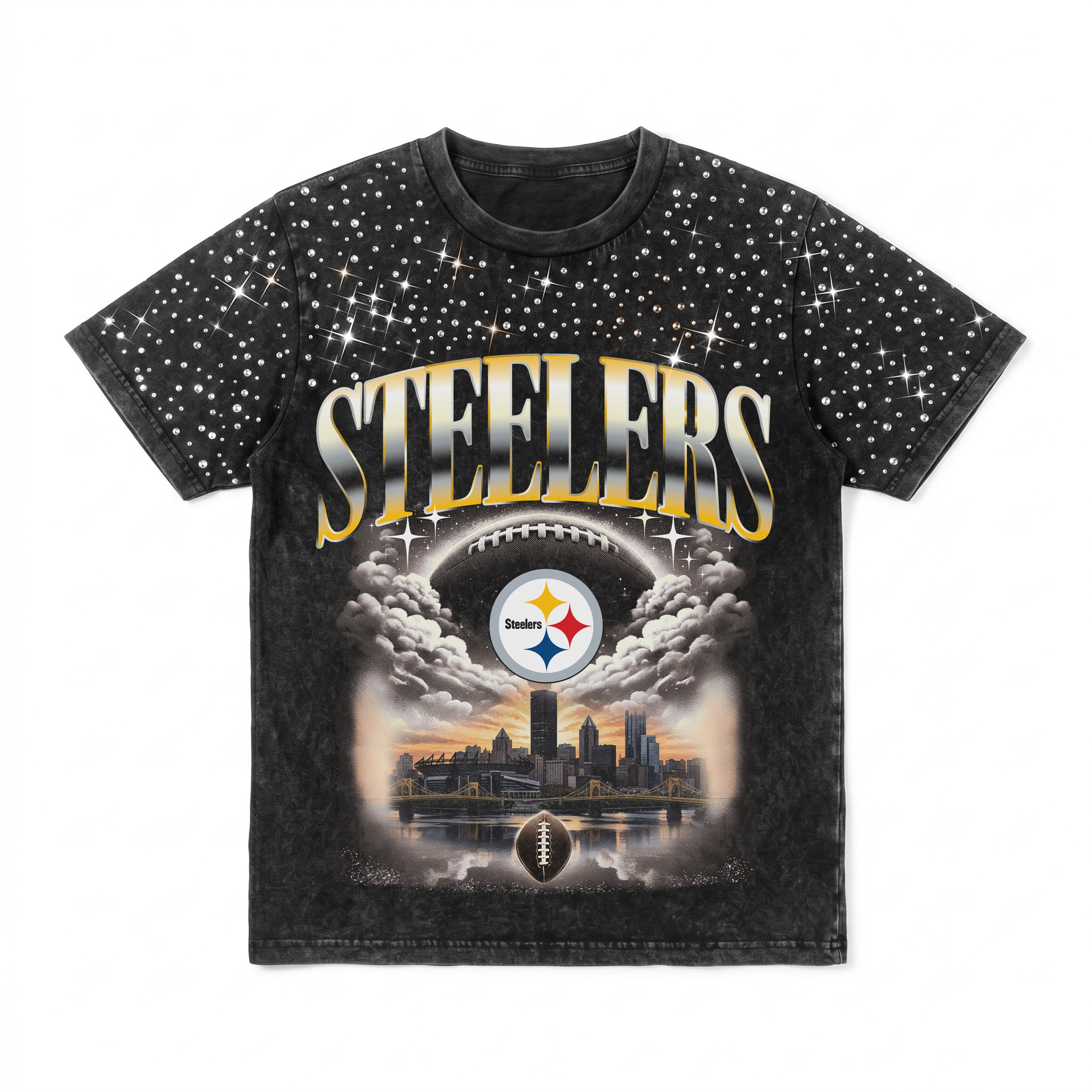 PITTSBURGH STEELERS SKY'S THE LIMIT VINTAGE WASH RHINESTONE TEE