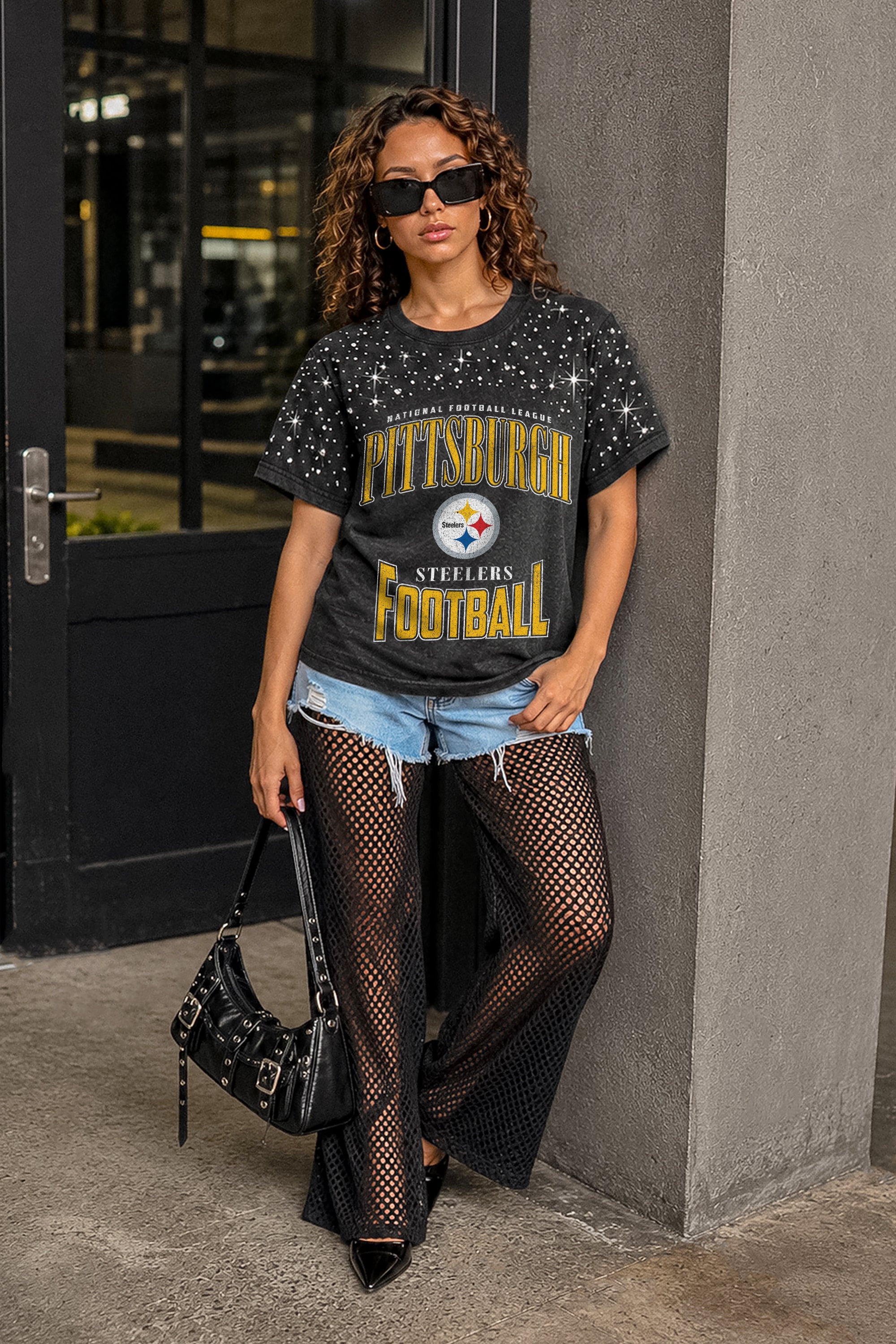 PITTSBURGH STEELERS IN THE ZONE VINTAGE WASH RHINESTONE TEE