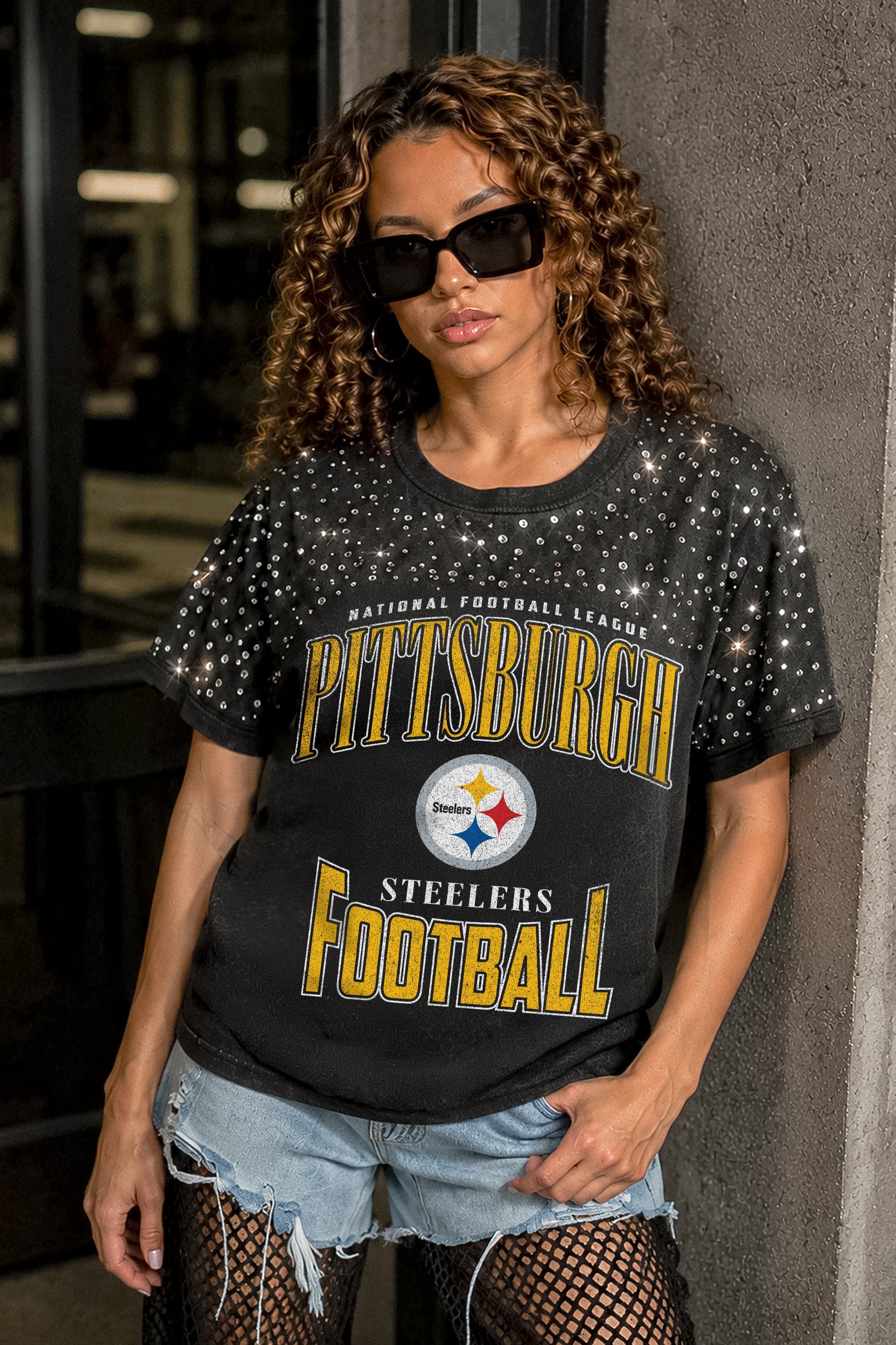 PITTSBURGH STEELERS IN THE ZONE VINTAGE WASH RHINESTONE TEE