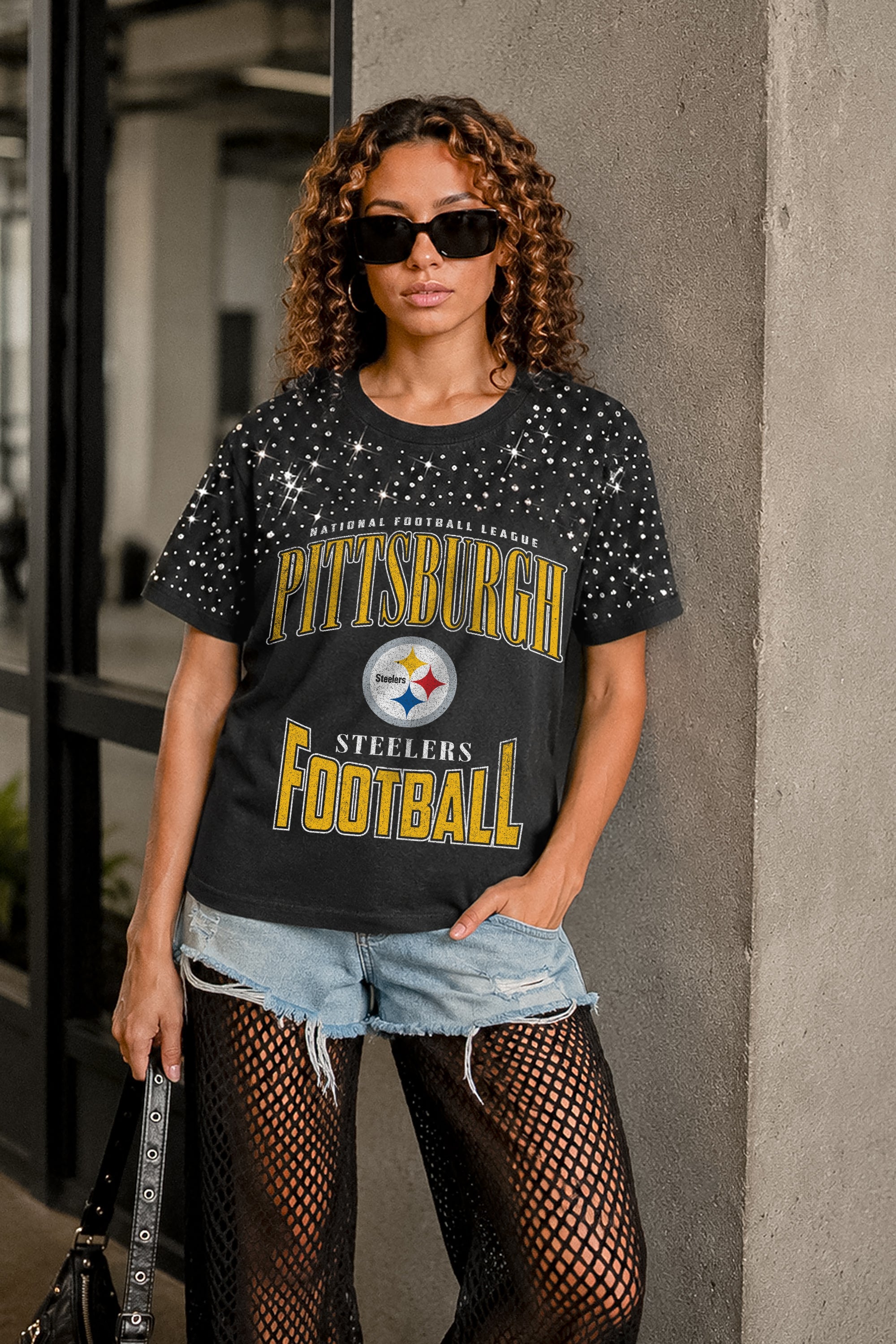PITTSBURGH STEELERS IN THE ZONE VINTAGE WASH RHINESTONE TEE