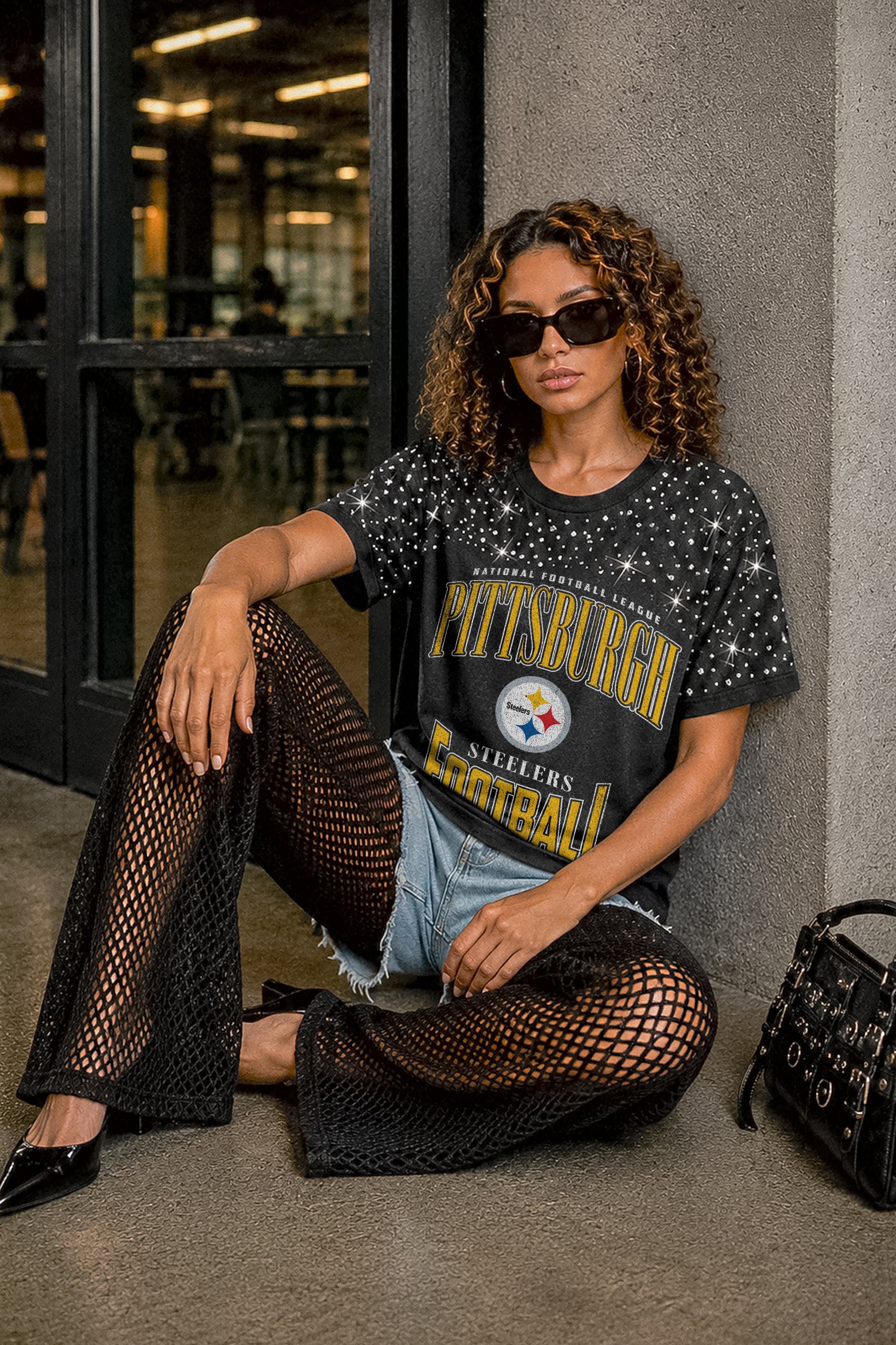 PITTSBURGH STEELERS IN THE ZONE VINTAGE WASH RHINESTONE TEE