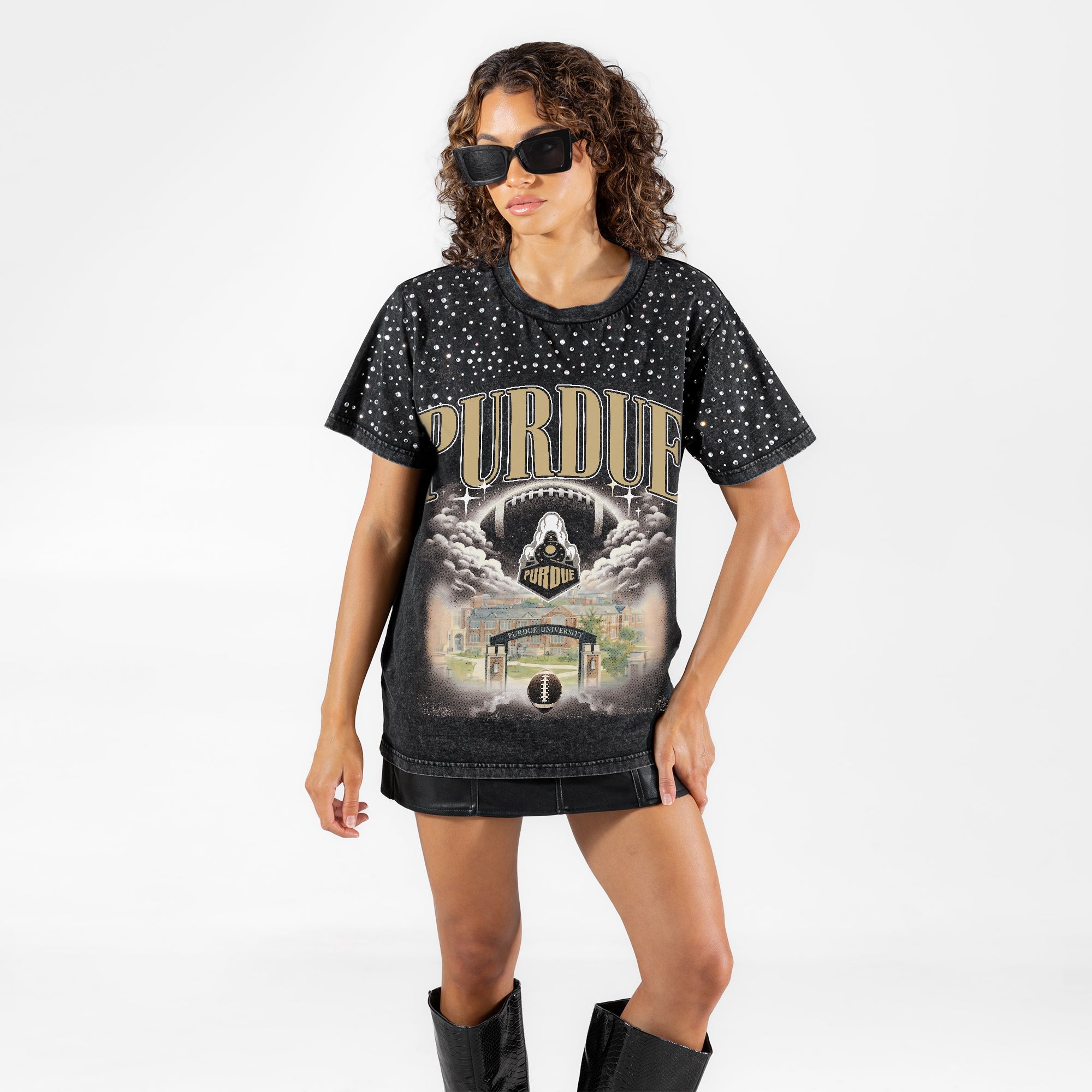 PURDUE BOILERMAKERS SKY'S THE LIMIT VINTAGE WASH RHINESTONE TEE