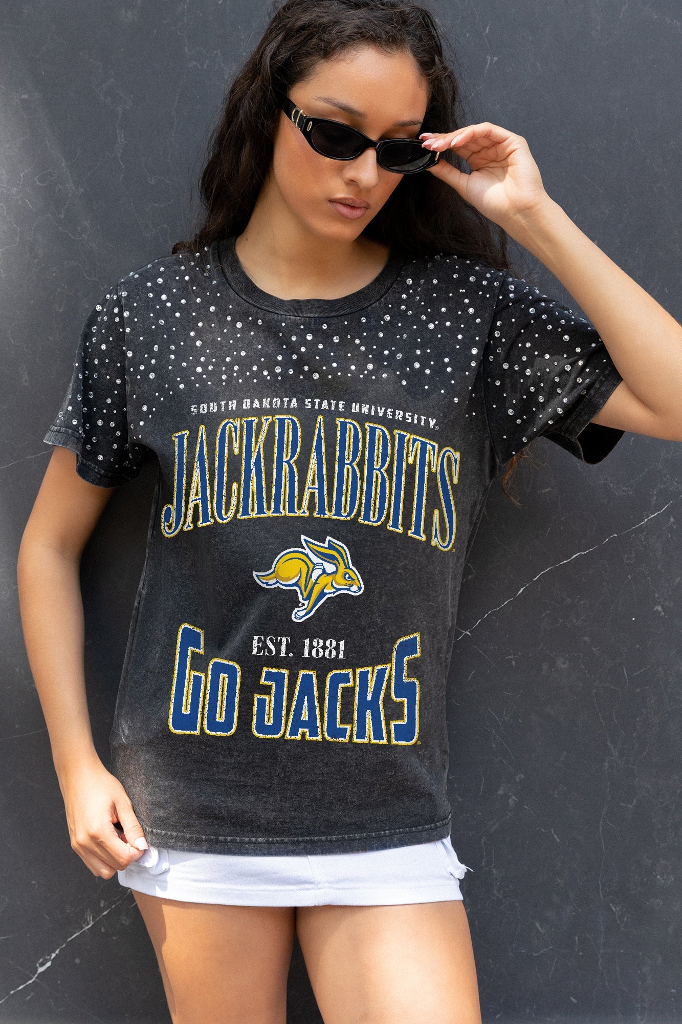 SOUTH DAKOTA STATE JACKRABBITS IN THE ZONE VINTAGE WASH RHINESTONE TEE