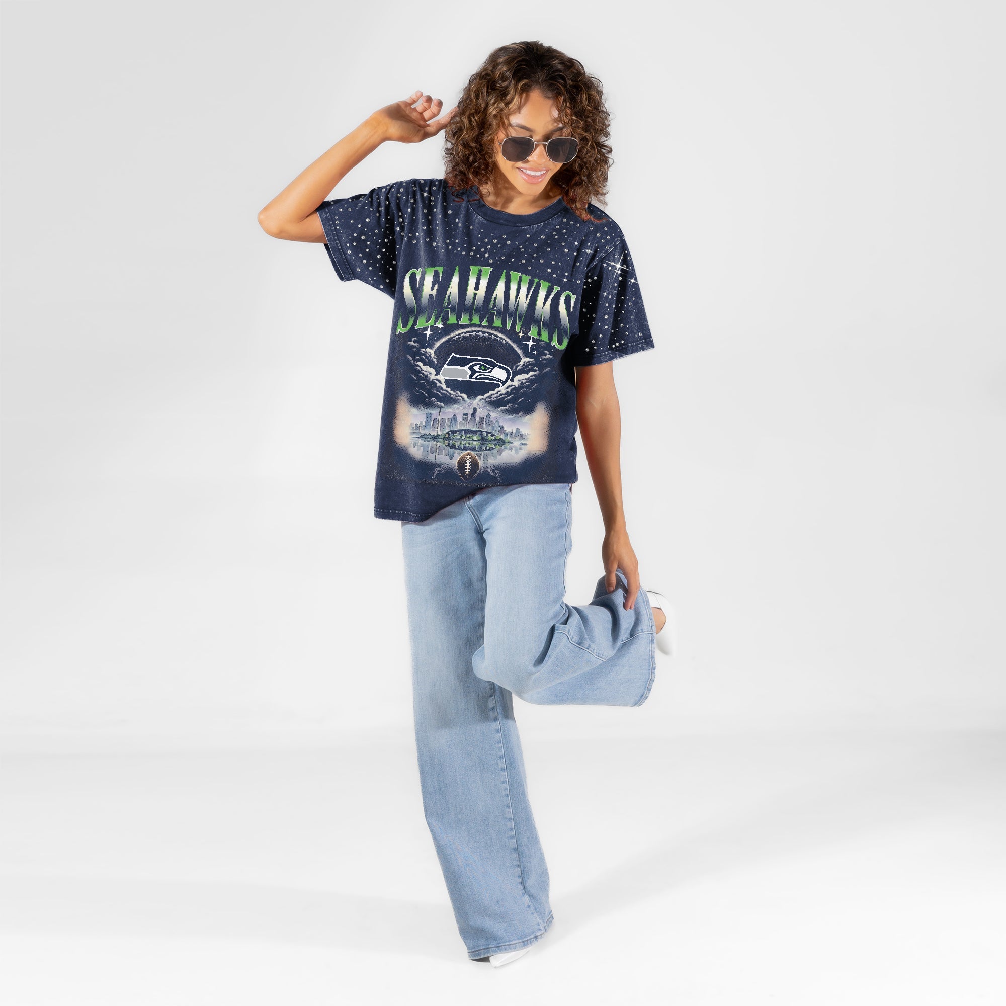 SEATTLE SEAHAWKS SKY'S THE LIMIT VINTAGE WASH RHINESTONE TEE