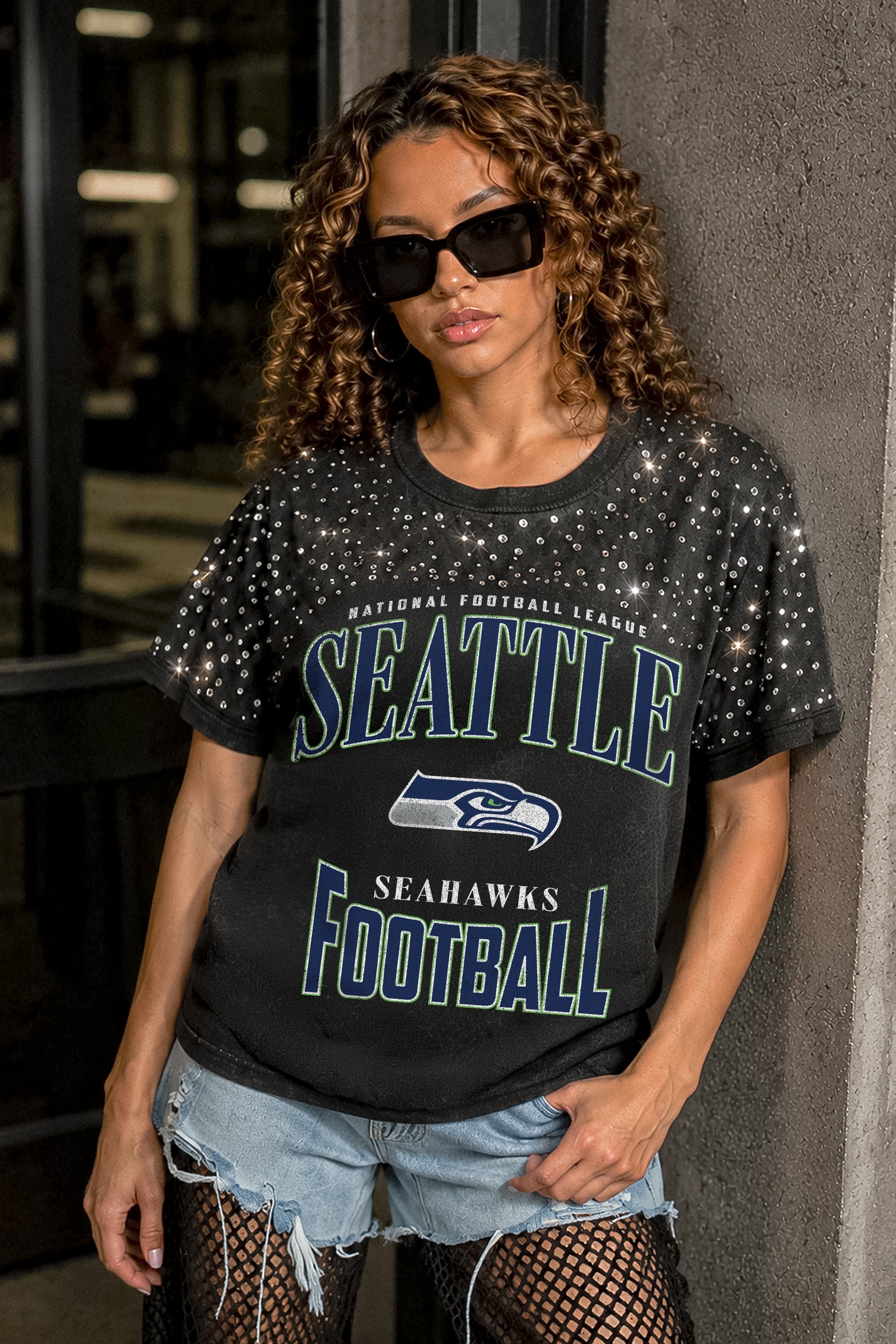 SEATTLE SEAHAWKS IN THE ZONE VINTAGE WASH RHINESTONE TEE