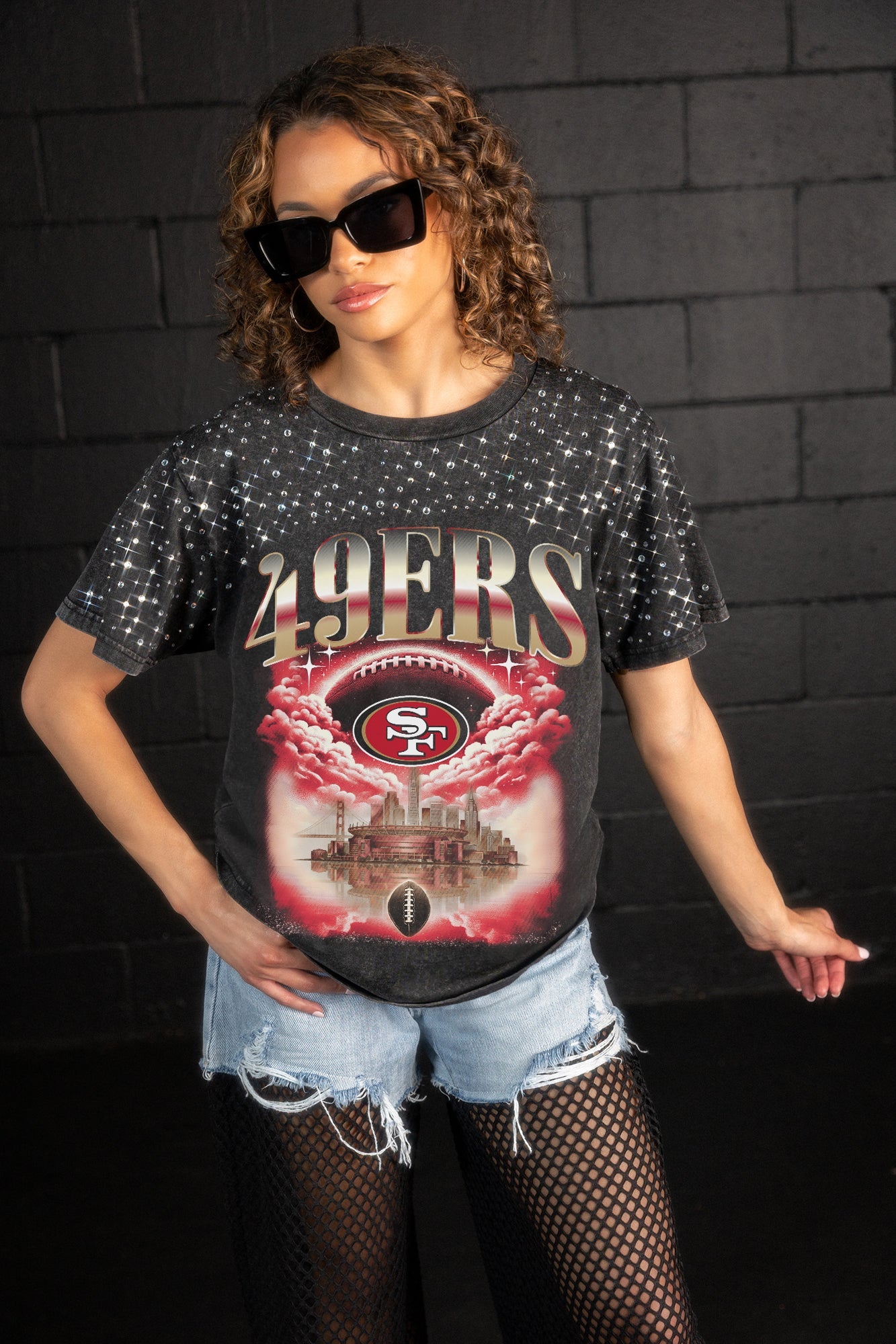 SAN FRANCISCO 49ERS SKY'S THE LIMIT VINTAGE WASH RHINESTONE TEE