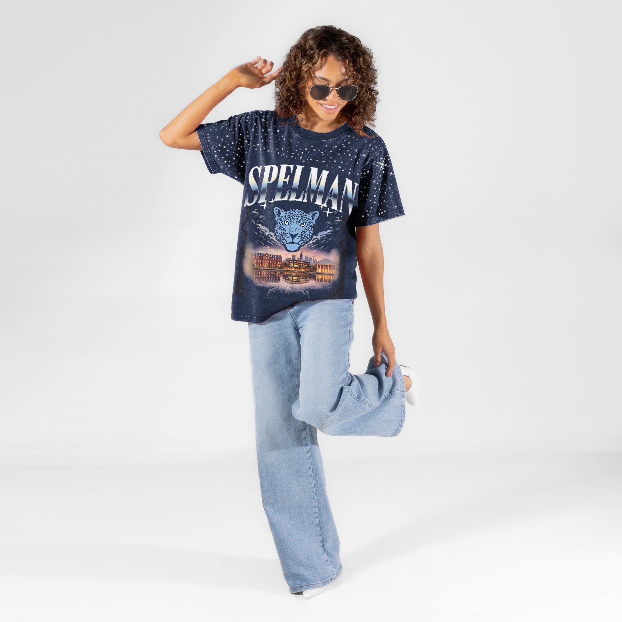 SPELMAN COLLEGE JAGUARS SKY'S THE LIMIT VINTAGE WASH RHINESTONE TEE