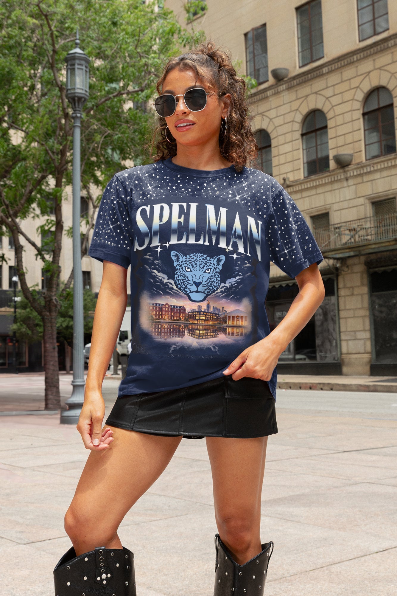 SPELMAN COLLEGE JAGUARS SKY'S THE LIMIT VINTAGE WASH RHINESTONE TEE