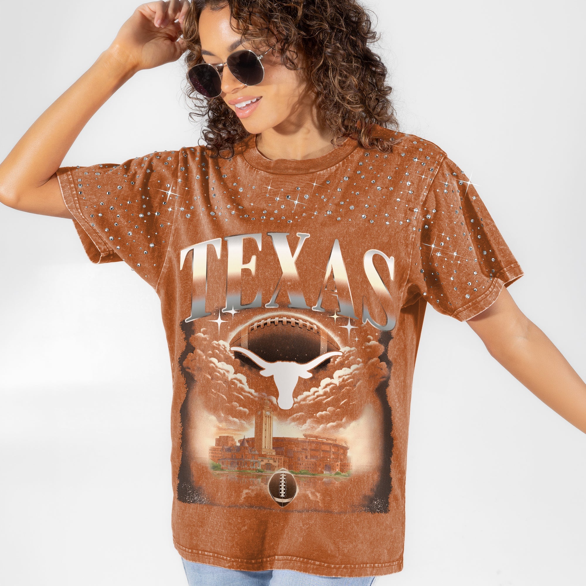 TEXAS LONGHORNS SKY'S THE LIMIT VINTAGE WASH RHINESTONE TEE