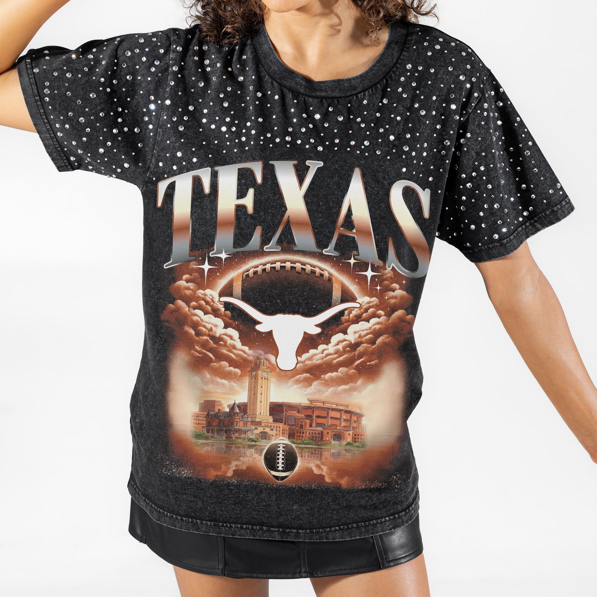 TEXAS LONGHORNS DREAM BIG VINTAGE WASH RHINESTONE TEE