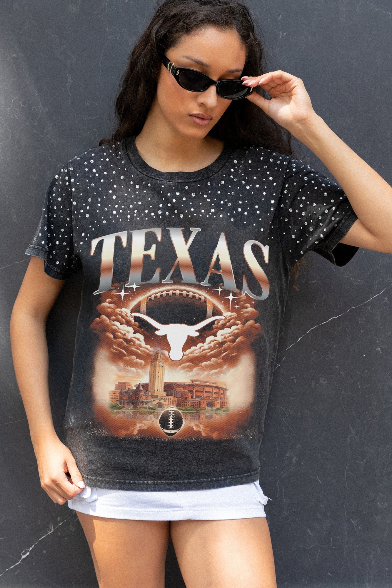 TEXAS LONGHORNS DREAM BIG VINTAGE WASH RHINESTONE TEE