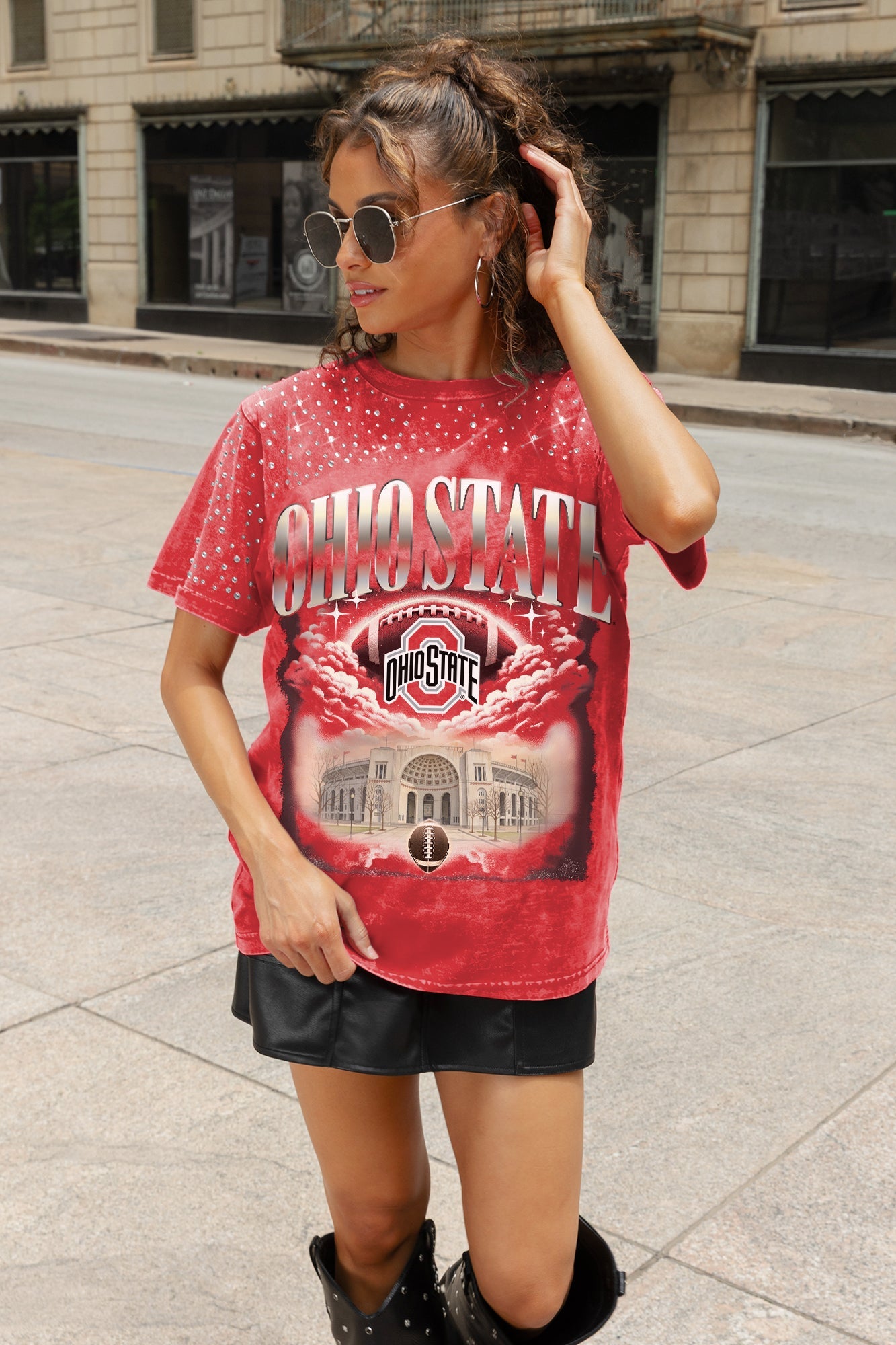 OHIO STATE BUCKEYES SKY'S THE LIMIT VINTAGE WASH RHINESTONE TEE