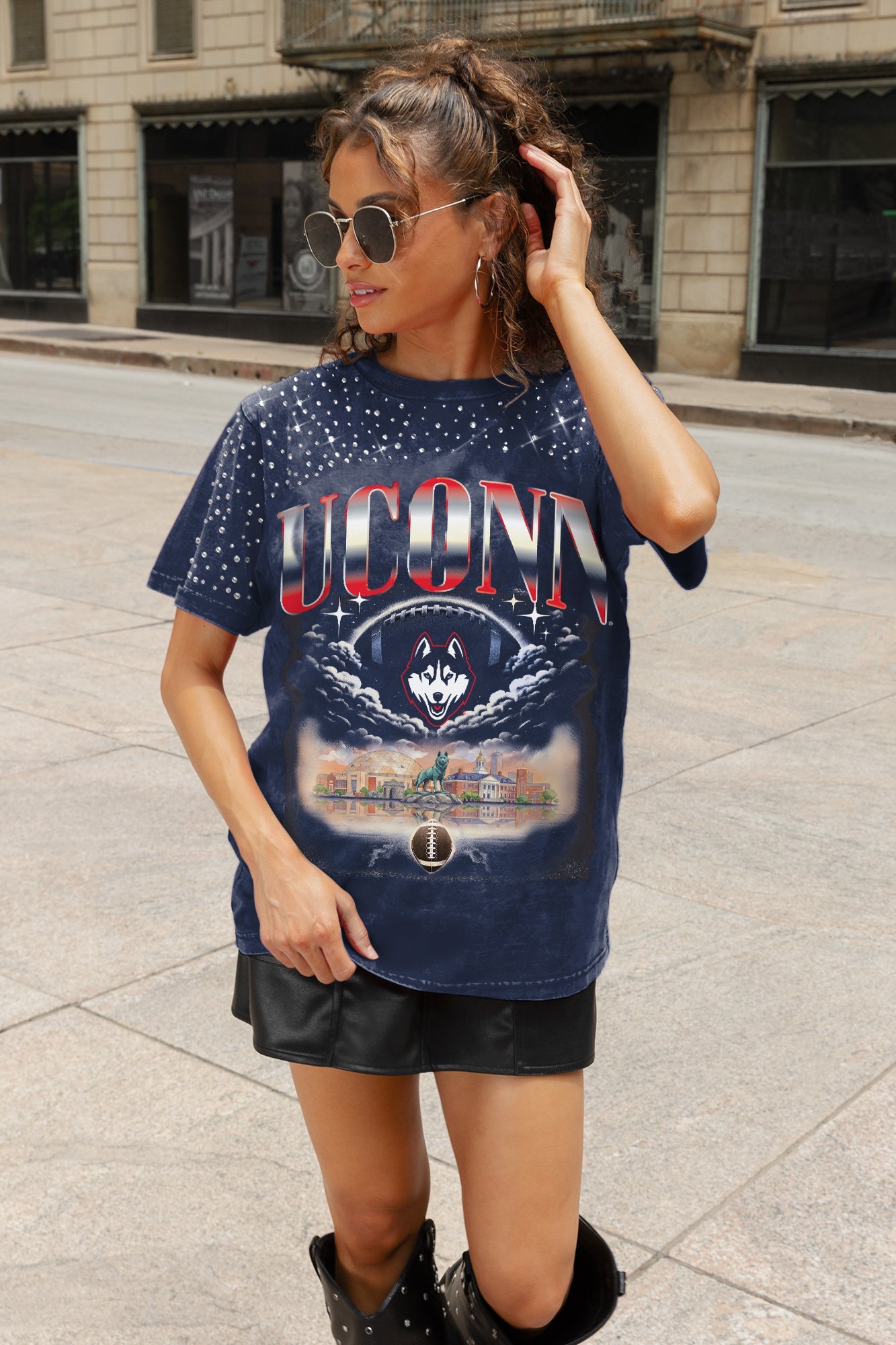 UCONN HUSKIES SKY'S THE LIMIT VINTAGE WASH RHINESTONE TEE