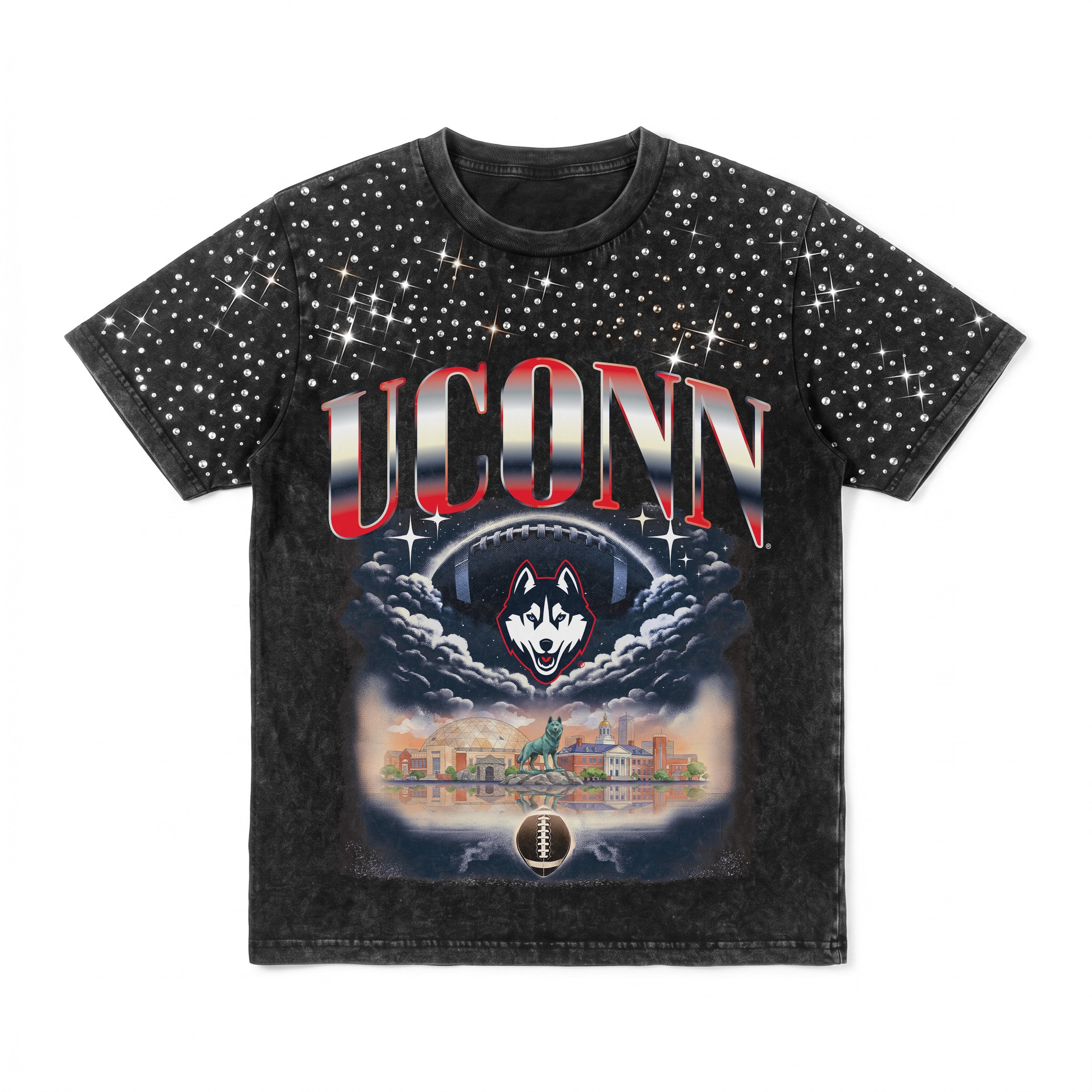 UCONN HUSKIES DREAM BIG VINTAGE WASH RHINESTONE TEE