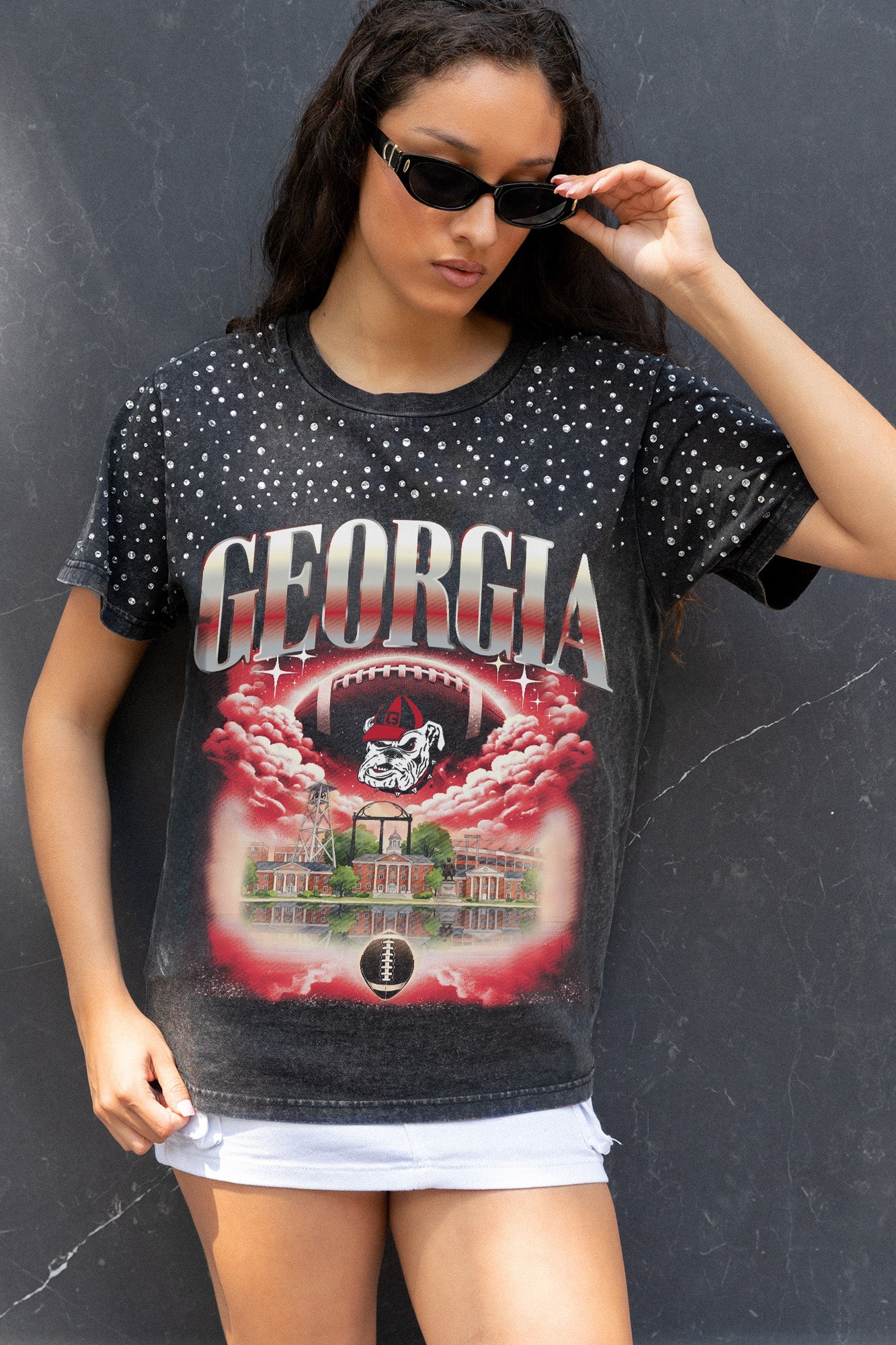 GEORGIA BULLDOGS DREAM BIG VINTAGE WASH RHINESTONE TEE