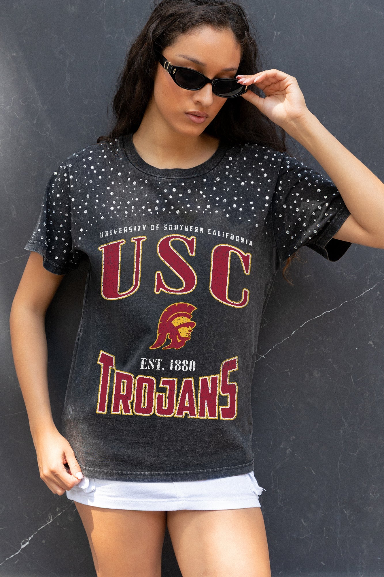 USC TROJANS IN THE ZONE VINTAGE WASH RHINESTONE TEE
