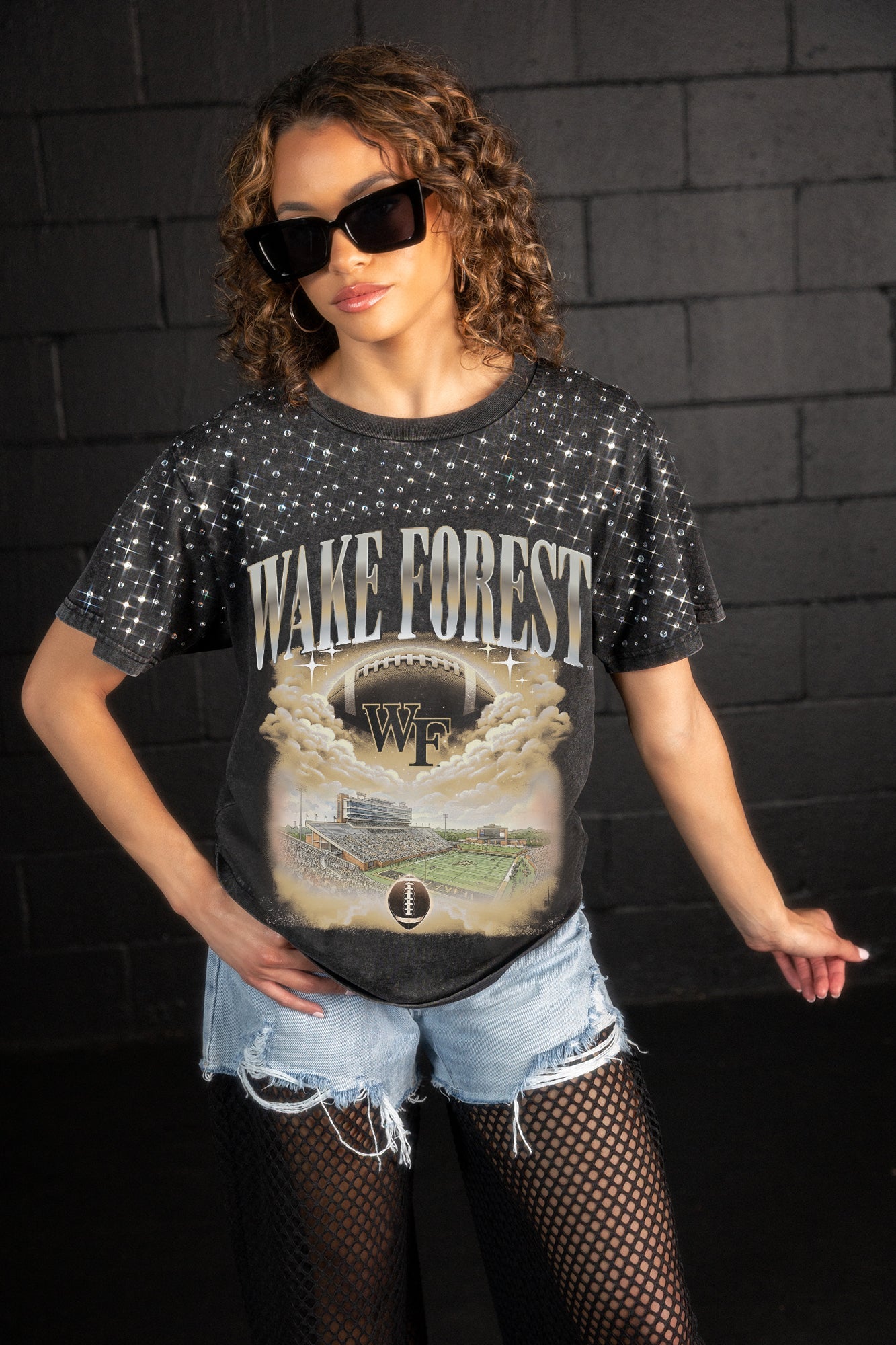 WAKE FOREST DEMON DEACONS SKY'S THE LIMIT VINTAGE WASH RHINESTONE TEE