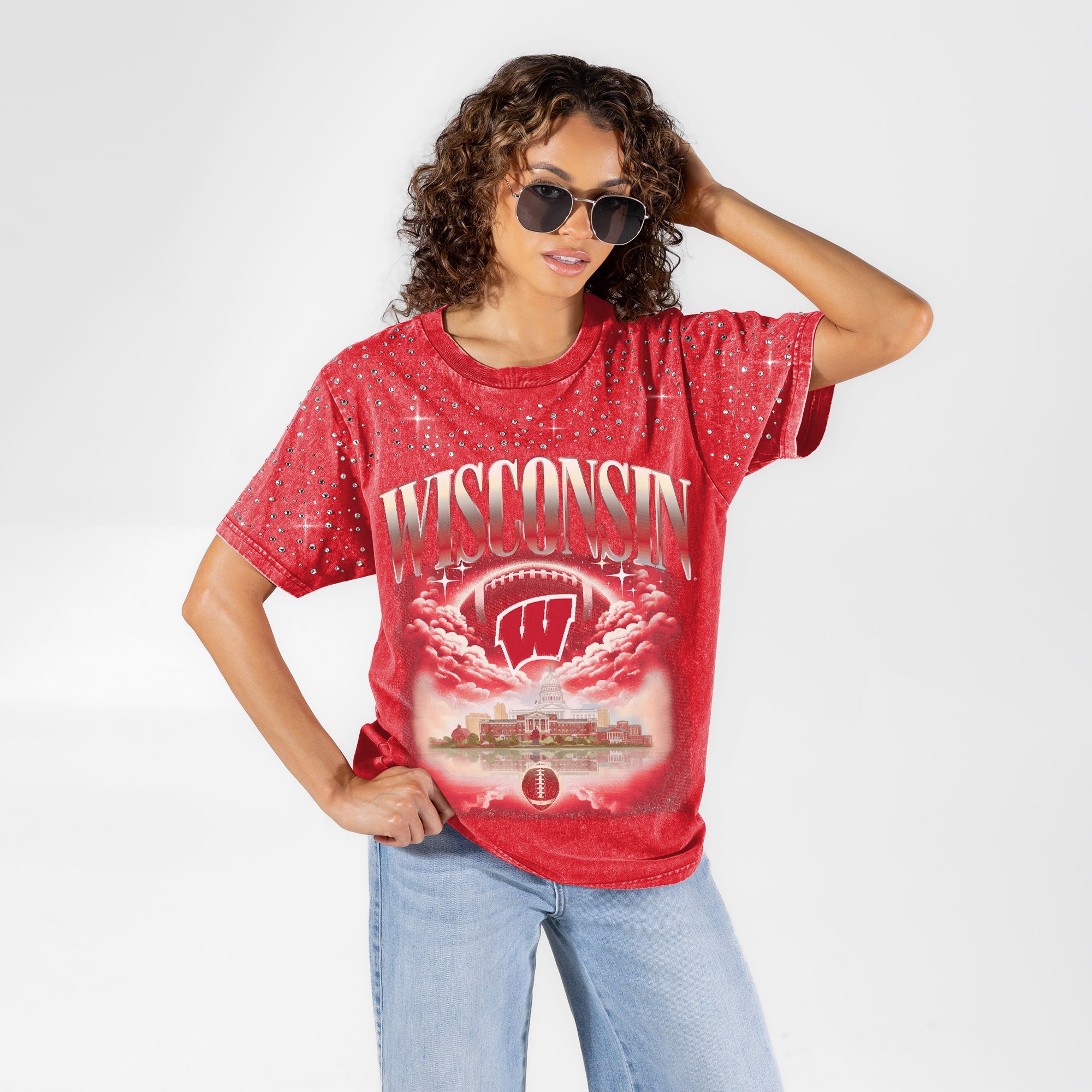 WISCONSIN BADGERS SKY'S THE LIMIT VINTAGE WASH RHINESTONE TEE