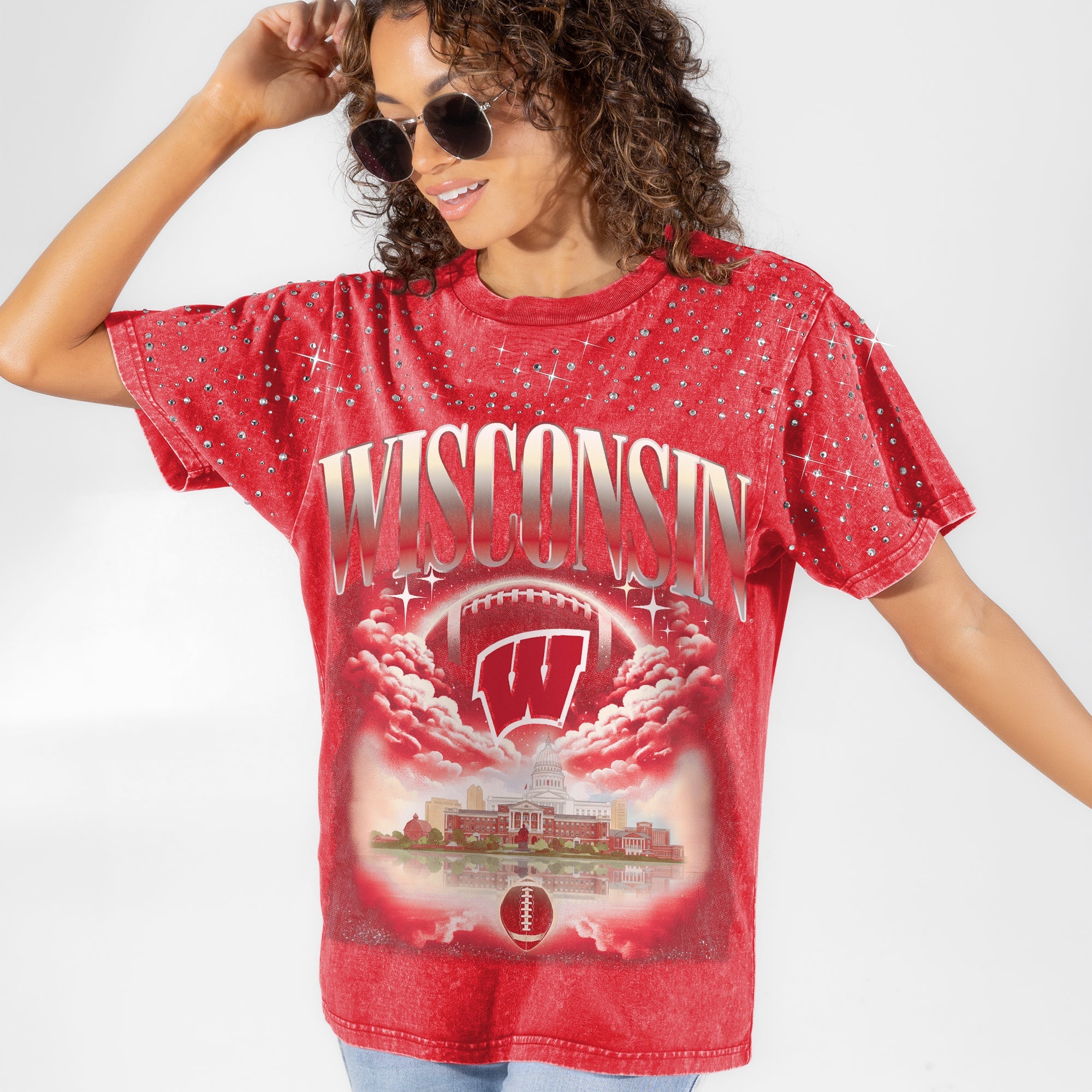 WISCONSIN BADGERS SKY'S THE LIMIT VINTAGE WASH RHINESTONE TEE