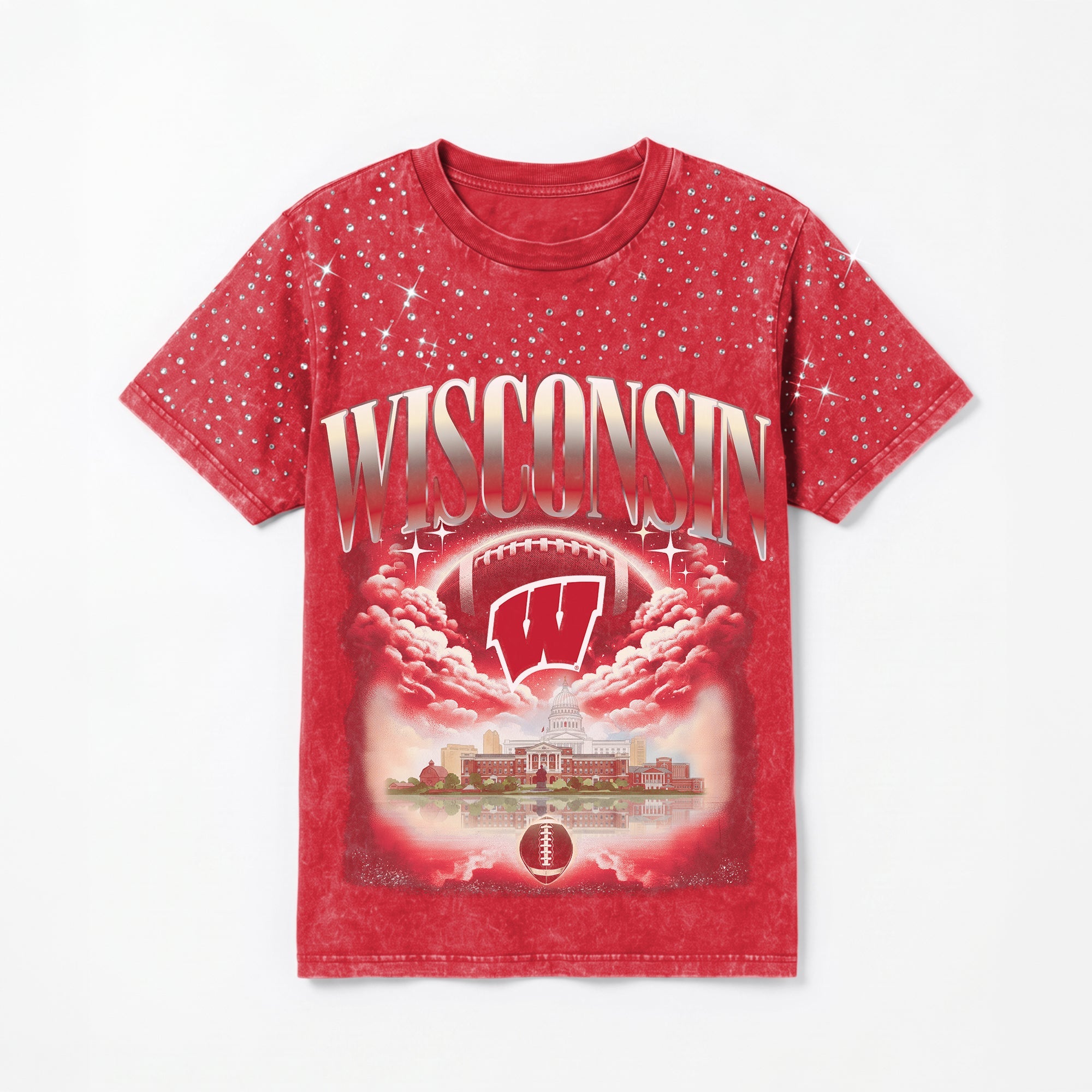 WISCONSIN BADGERS SKY'S THE LIMIT VINTAGE WASH RHINESTONE TEE