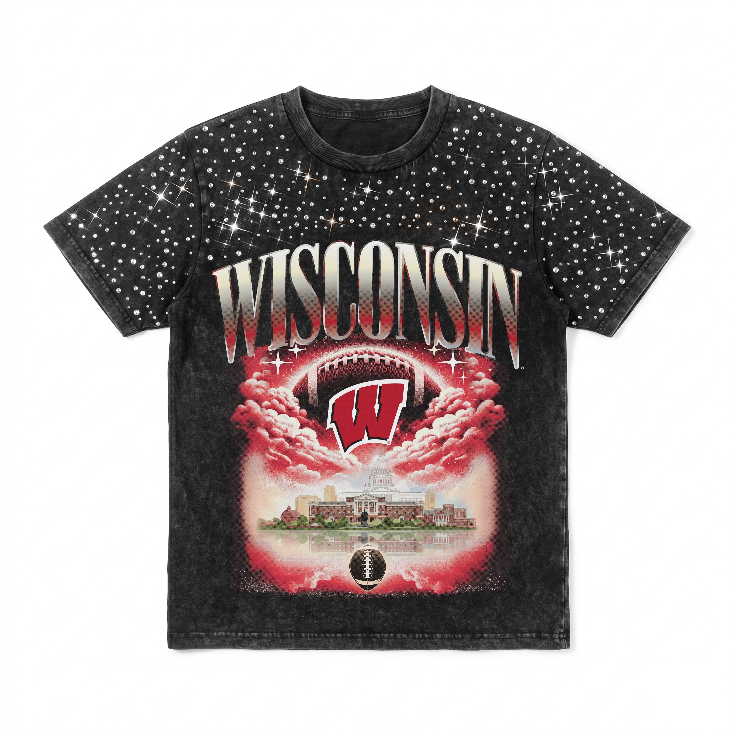 WISCONSIN BADGERS DREAM BIG VINTAGE WASH RHINESTONE TEE