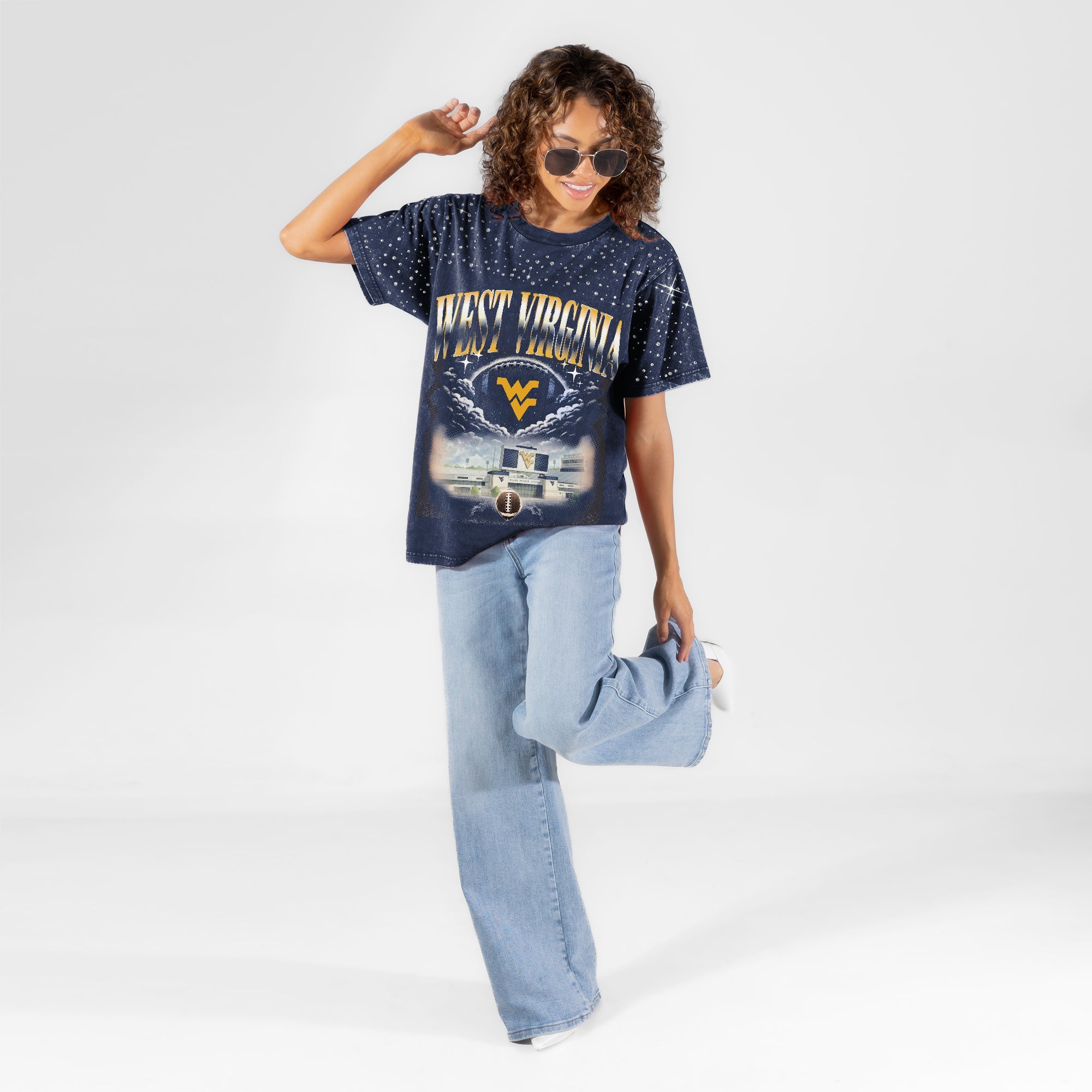 WEST VIRGINIA MOUNTAINEERS SKY'S THE LIMIT VINTAGE WASH RHINESTONE TEE