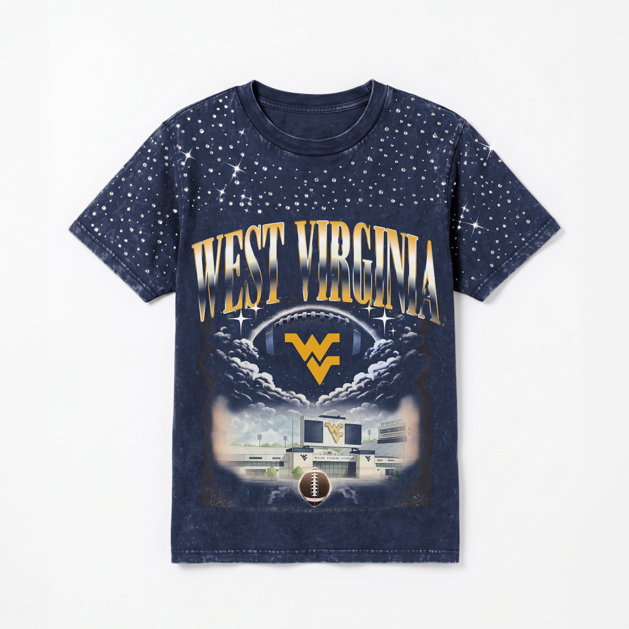WEST VIRGINIA MOUNTAINEERS SKY'S THE LIMIT VINTAGE WASH RHINESTONE TEE
