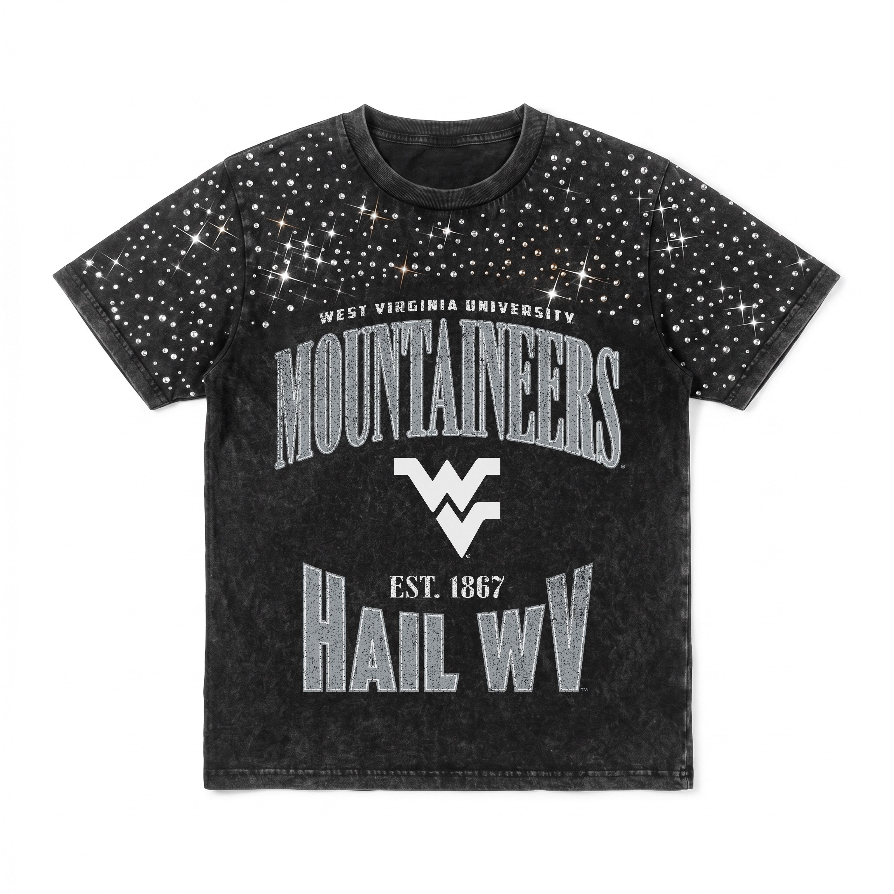 WEST VIRGINIA MOUNTAINEERS IN THE ZONE VINTAGE WASH RHINESTONE TEE