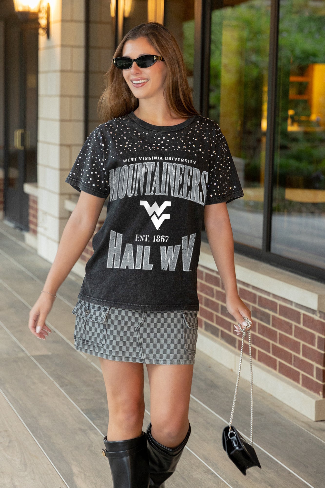 WEST VIRGINIA MOUNTAINEERS IN THE ZONE VINTAGE WASH RHINESTONE TEE