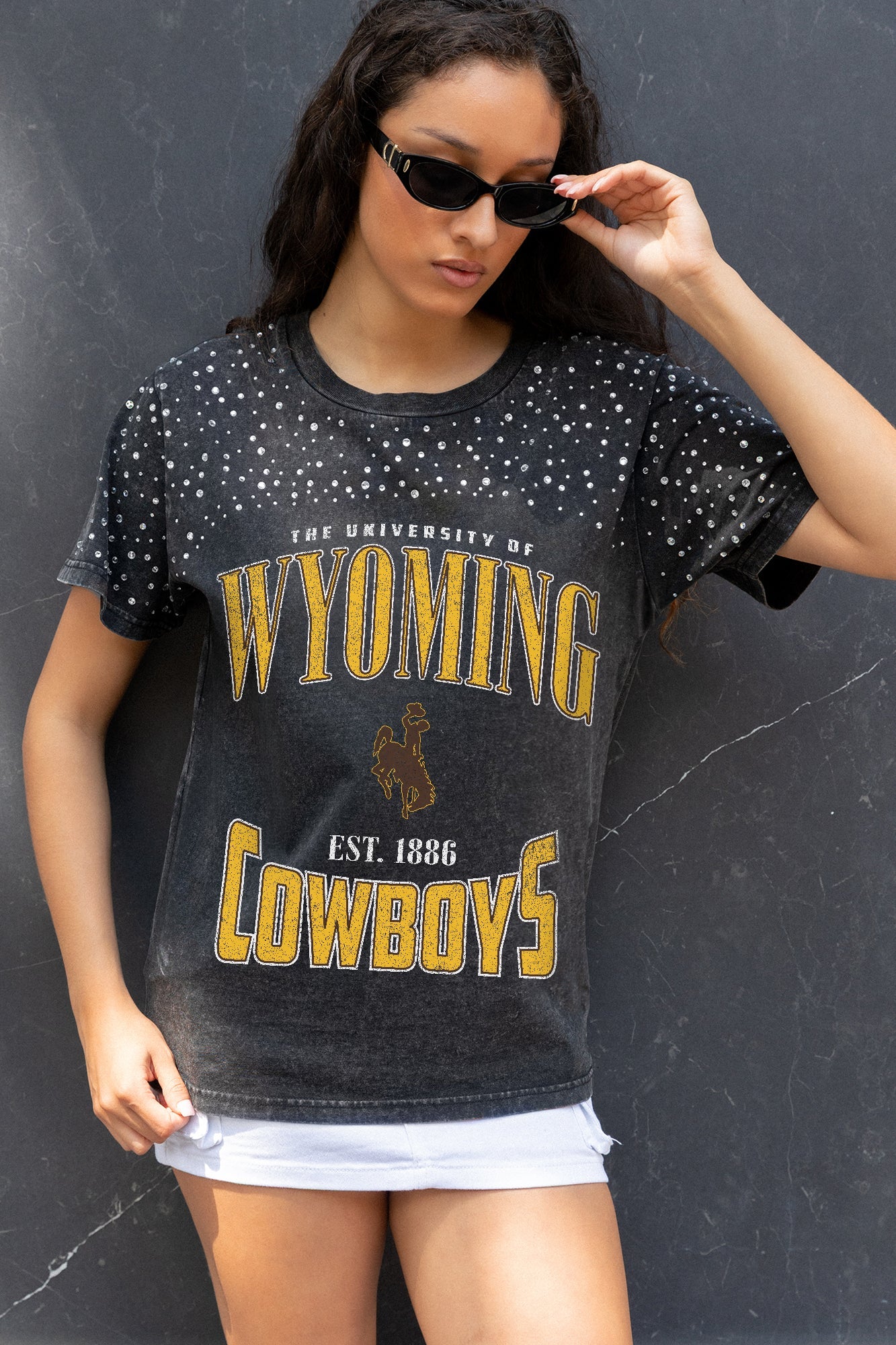 WYOMING COWBOYS IN THE ZONE VINTAGE WASH RHINESTONE TEE