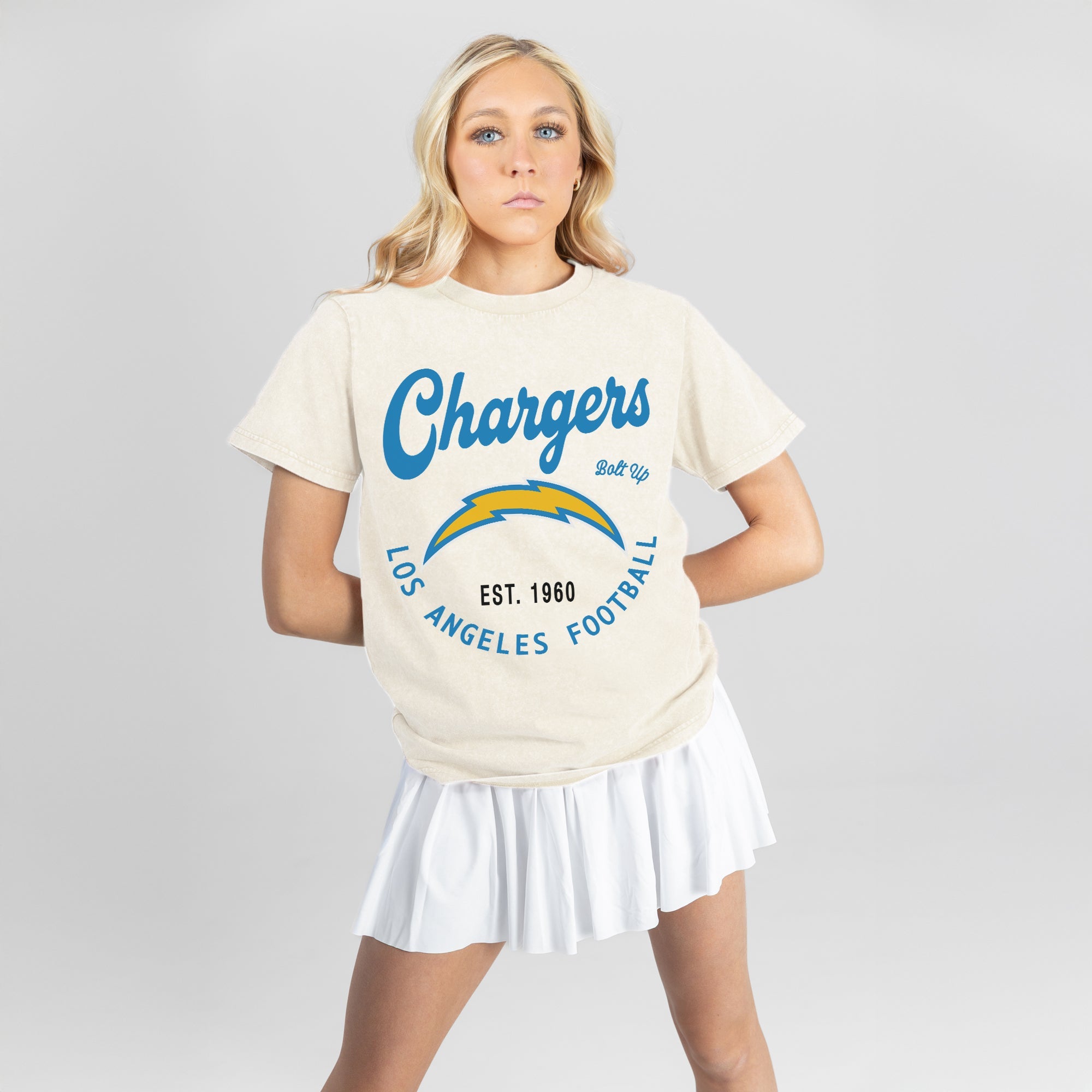 LOS ANGELES CHARGERS YOU KNOW OUR NAME CLASSIC FIT COTTON BLEND CREWNECK TEE
