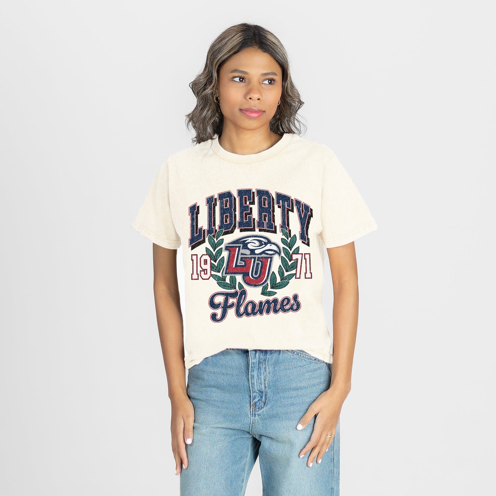 LIBERTY FLAMES RAISED ON VICTORY CLASSIC FIT COTTON BLEND CREWNECK TEE