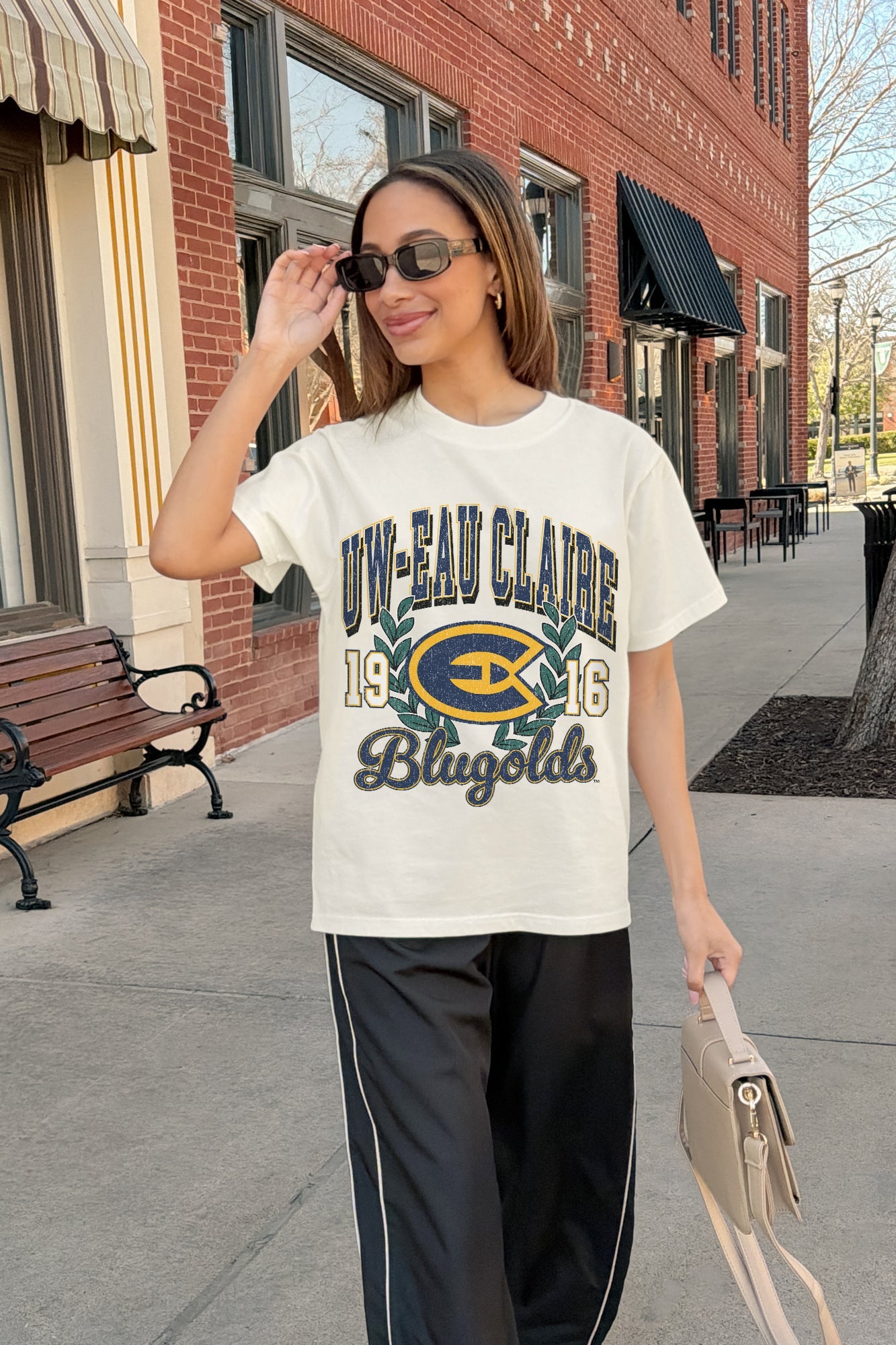 WISCONSIN-EAU CLAIRE BLUGOLDS RAISED ON VICTORY CLASSIC FIT COTTON BLEND CREWNECK TEE