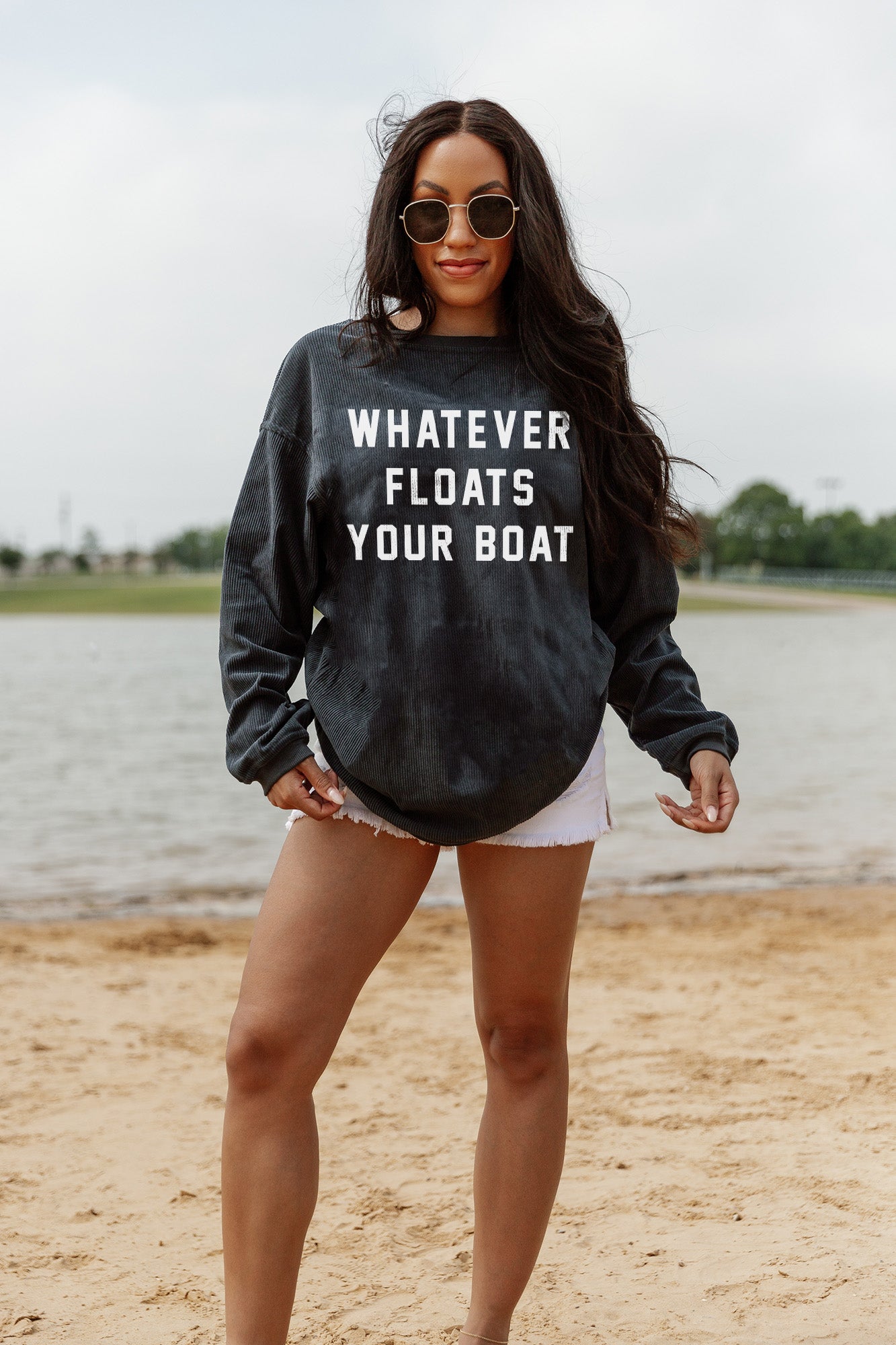 Navy Whatever Floats Your Boat Corded Vintage Wash Pullover - Front On Model at Beach | Gameday Couture - SOHO