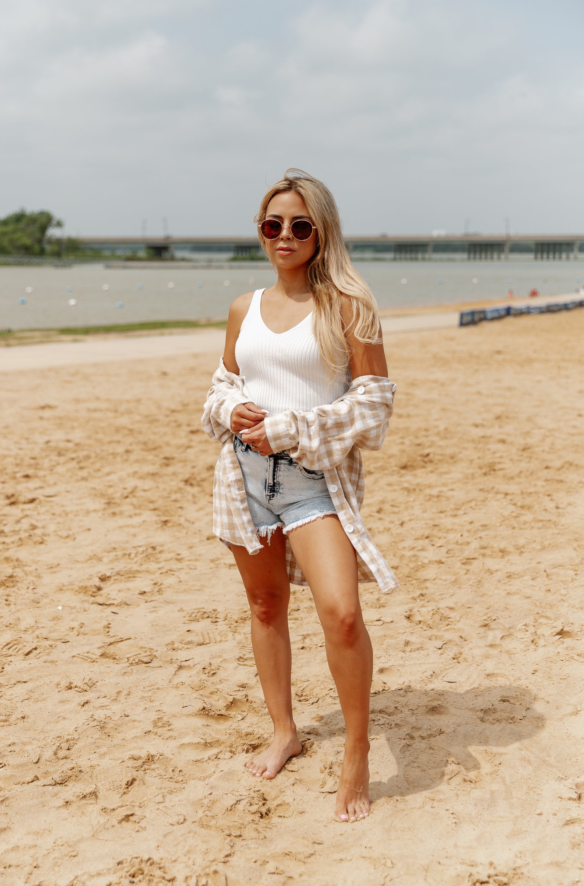 CHECKING IN BUTTON DOWN TOP