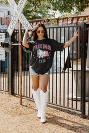 Black BORN FREE VINTAGE WASH BOYFRIEND TEE - Front Detail Americana Graphic | Gameday Couture - SOHO