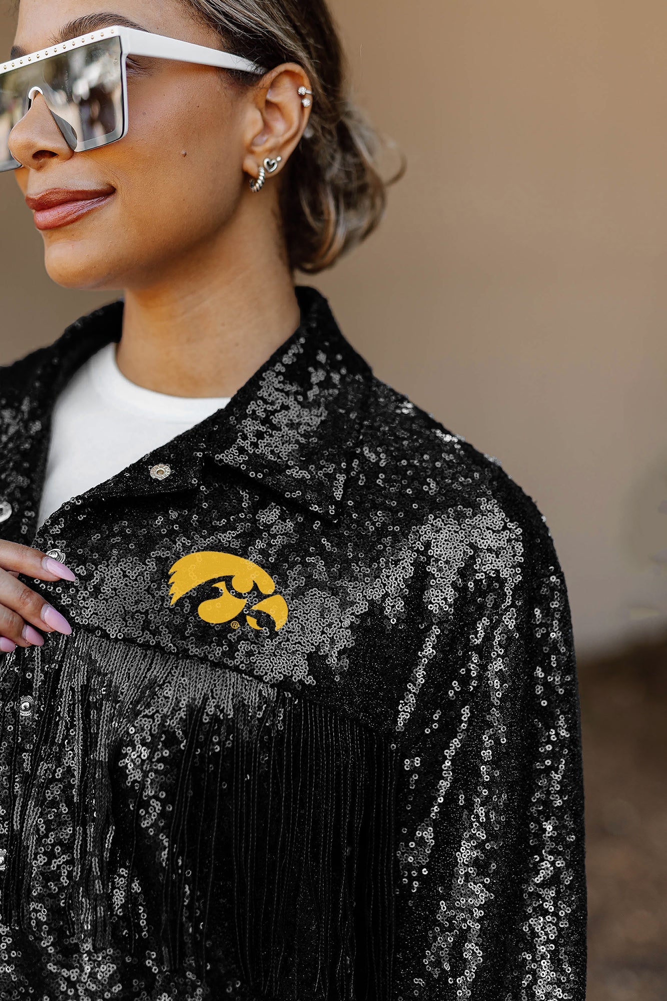 IOWA HAWKEYES ON THE FRINGE MIRRORBALL FRINGE SEQUIN JACKET