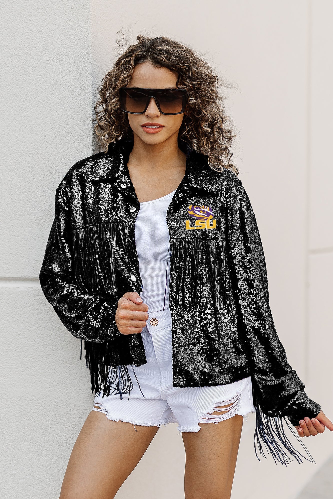 LSU TIGERS ON THE FRINGE MIRRORBALL FRINGE SEQUIN JACKET