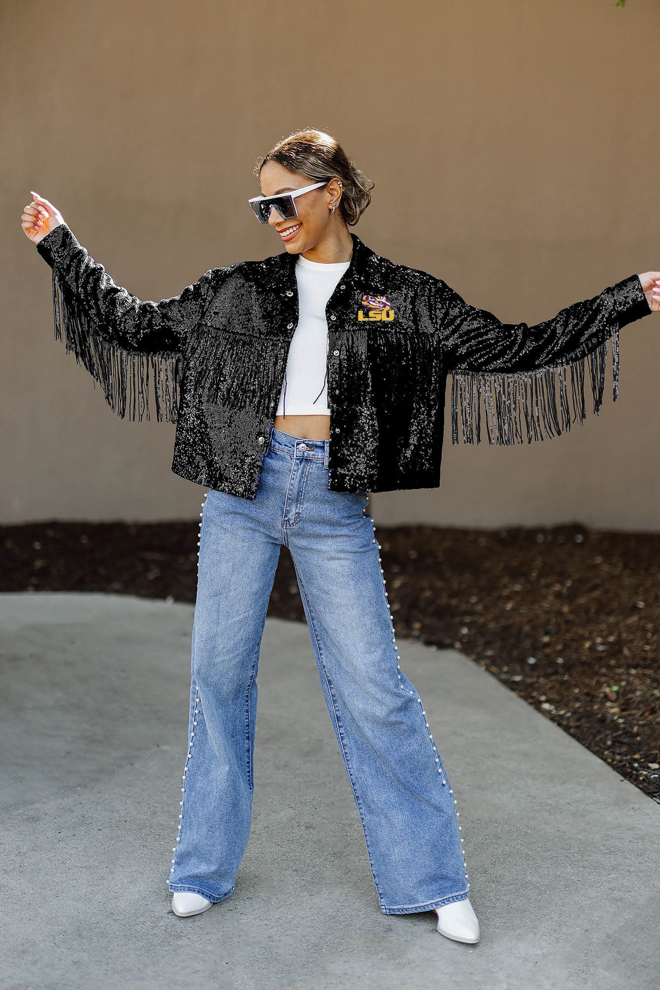 LSU TIGERS ON THE FRINGE MIRRORBALL FRINGE SEQUIN JACKET