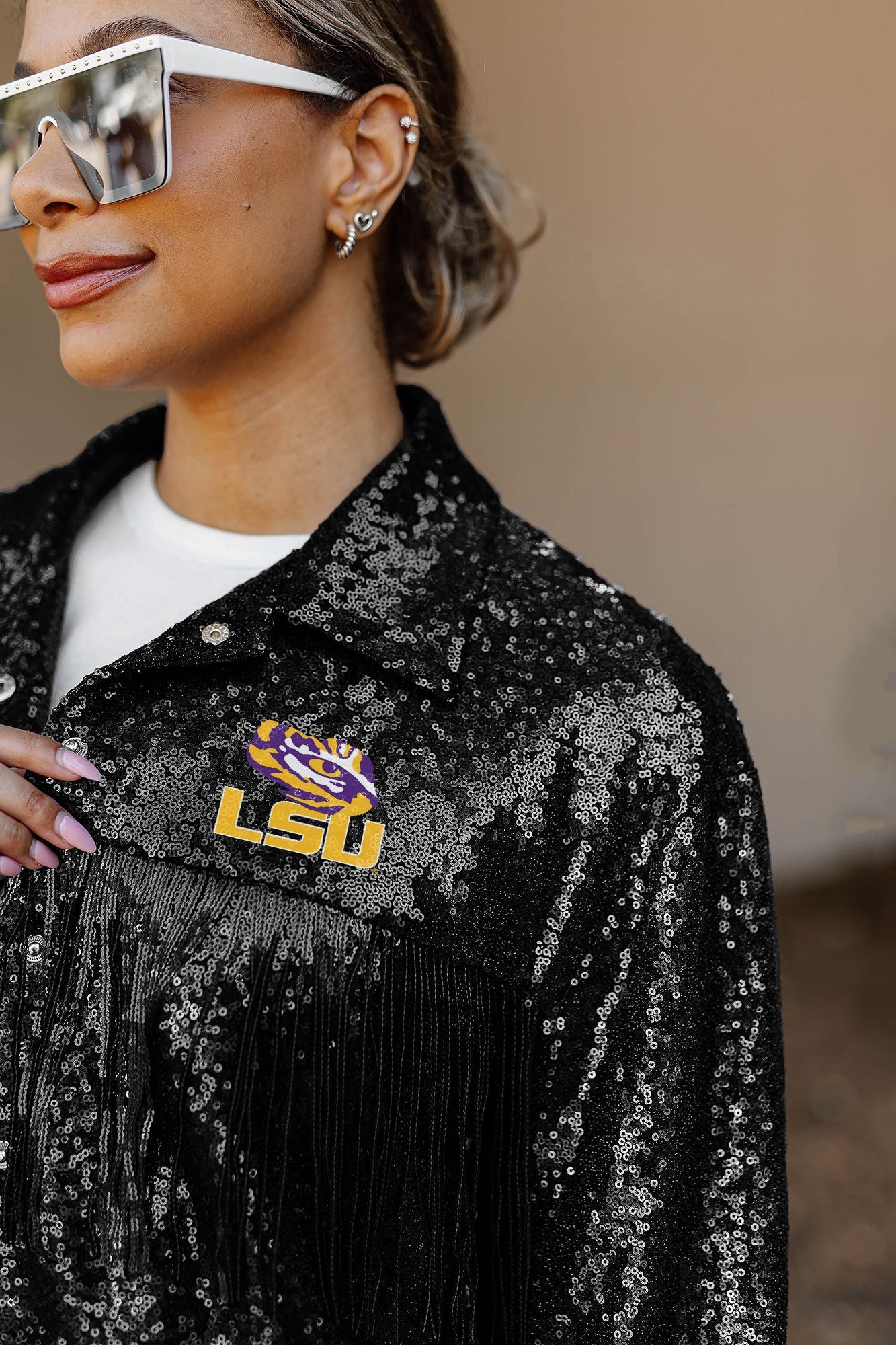 LSU TIGERS ON THE FRINGE MIRRORBALL FRINGE SEQUIN JACKET
