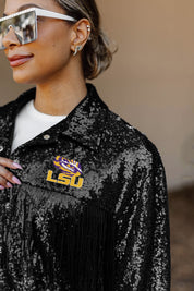 LSU TIGERS ON THE FRINGE MIRRORBALL FRINGE SEQUIN JACKET