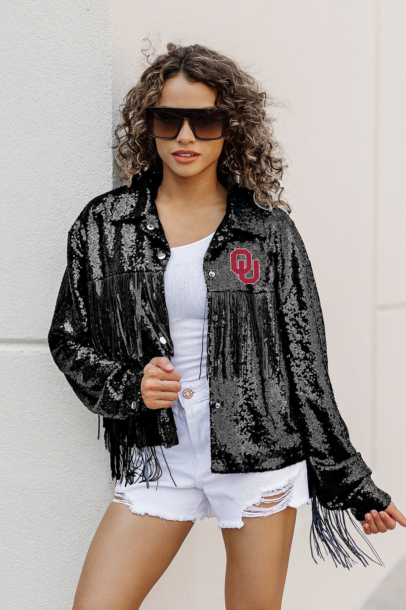 OKLAHOMA SOONERS ON THE FRINGE MIRRORBALL FRINGE SEQUIN JACKET