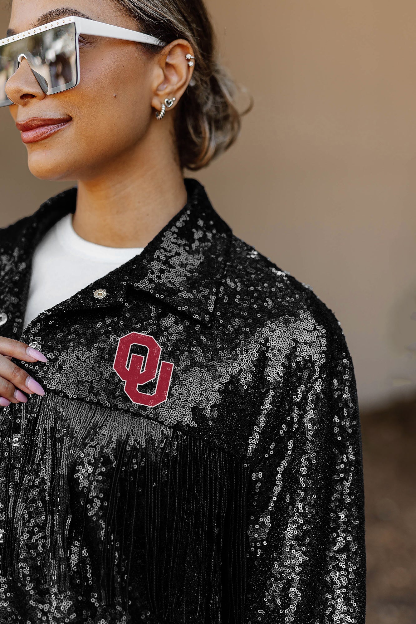 OKLAHOMA SOONERS ON THE FRINGE MIRRORBALL FRINGE SEQUIN JACKET