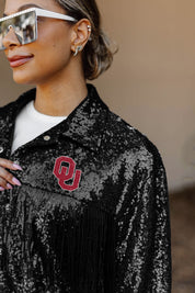 OKLAHOMA SOONERS ON THE FRINGE MIRRORBALL FRINGE SEQUIN JACKET