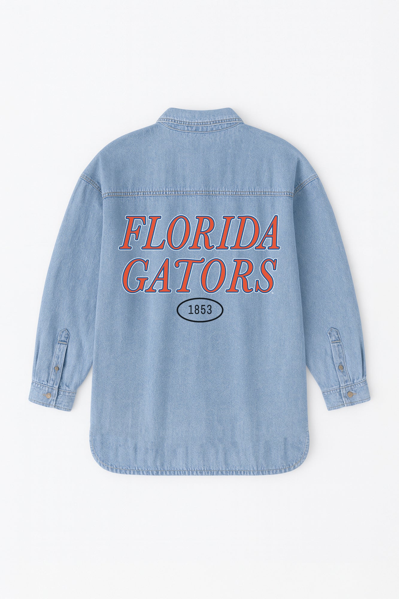 Light Wash Florida Gators Oversized Denim Jacket - Flat Lay Back View, Vintage Logo Detail | Gameday Couture - SOHO
